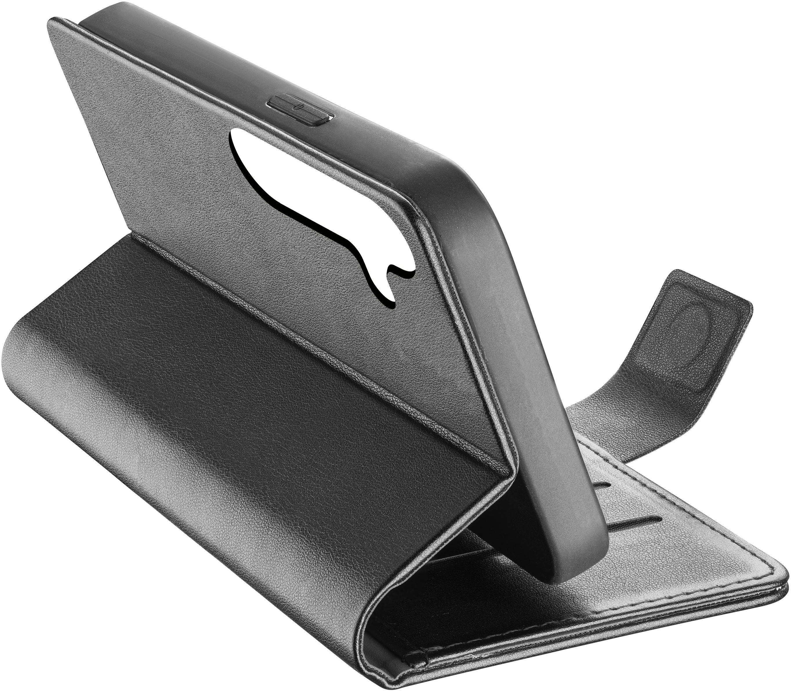Étui de téléphone noir ouvert, montrant l'intérieur du téléphone et une fente pour cartes.