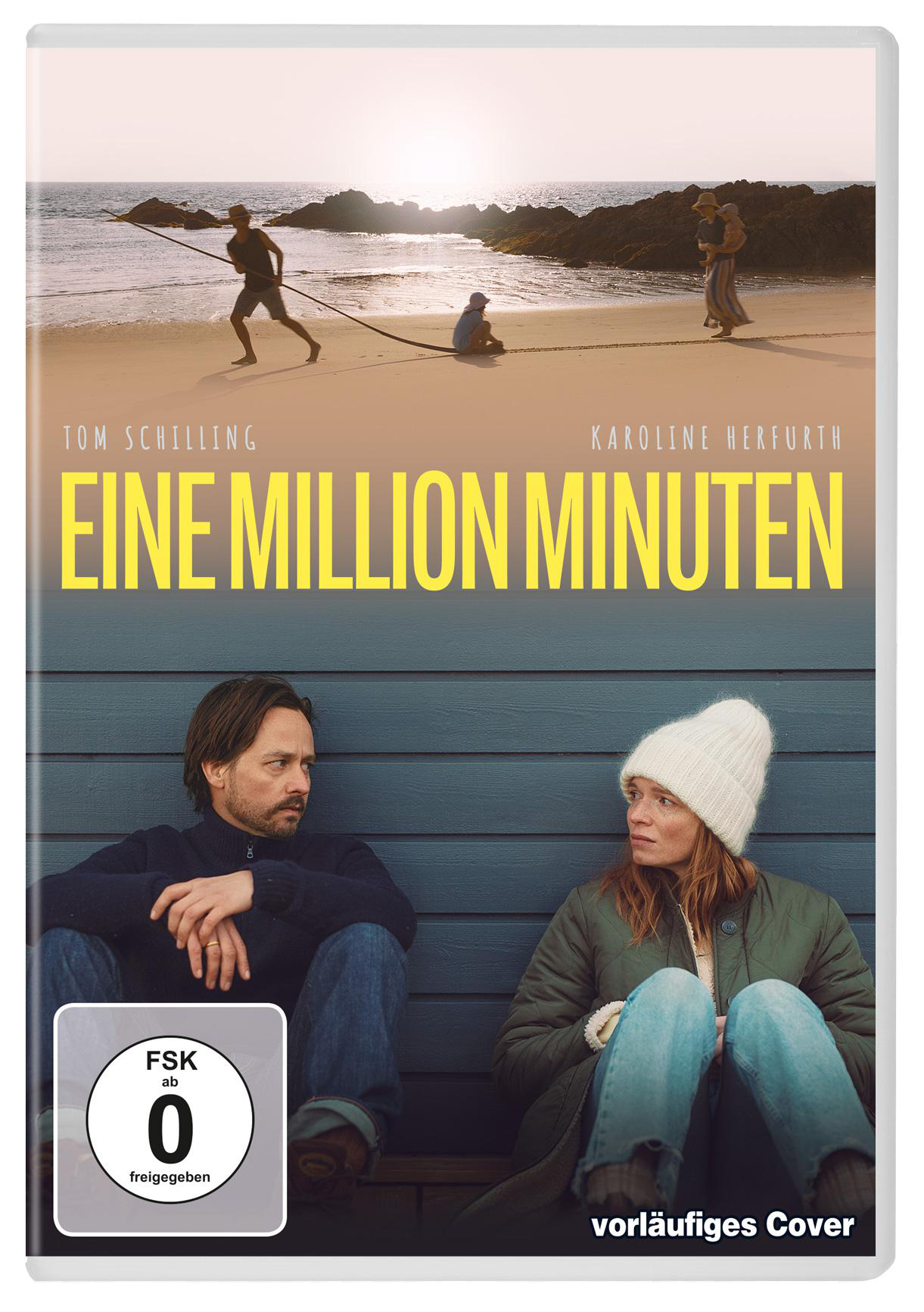 Filmcover mit Menschen am Strand. Titel: 'EINE MILLION MINUTEN', Darsteller: Tom Schilling und Karoline Herfurth.
