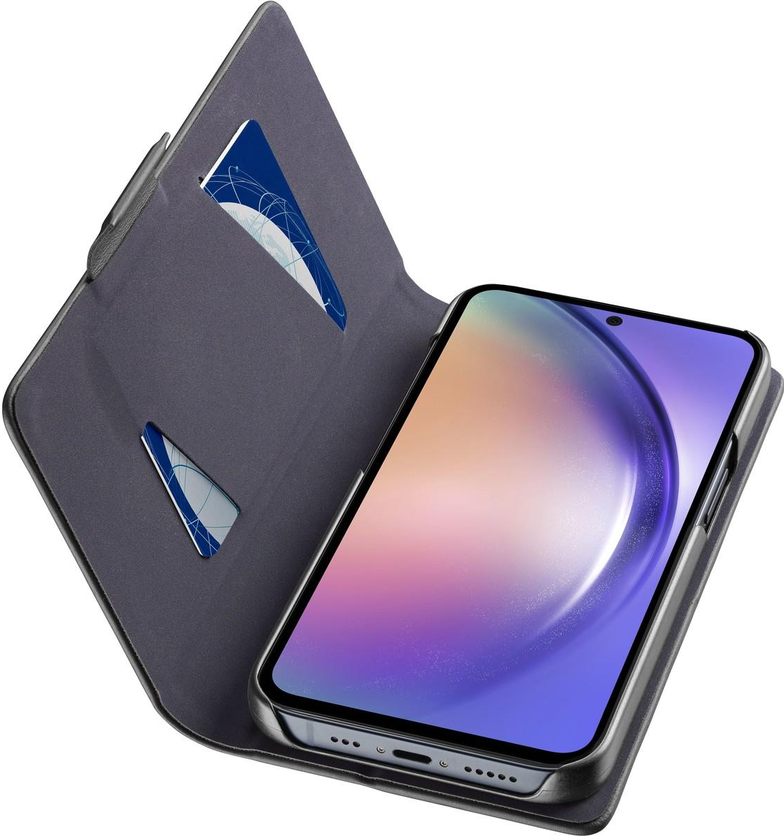 Smartphone in einer Hülle. Die Hülle ist offen, mit Kartenfächern. Grau- und Schwarztöne.