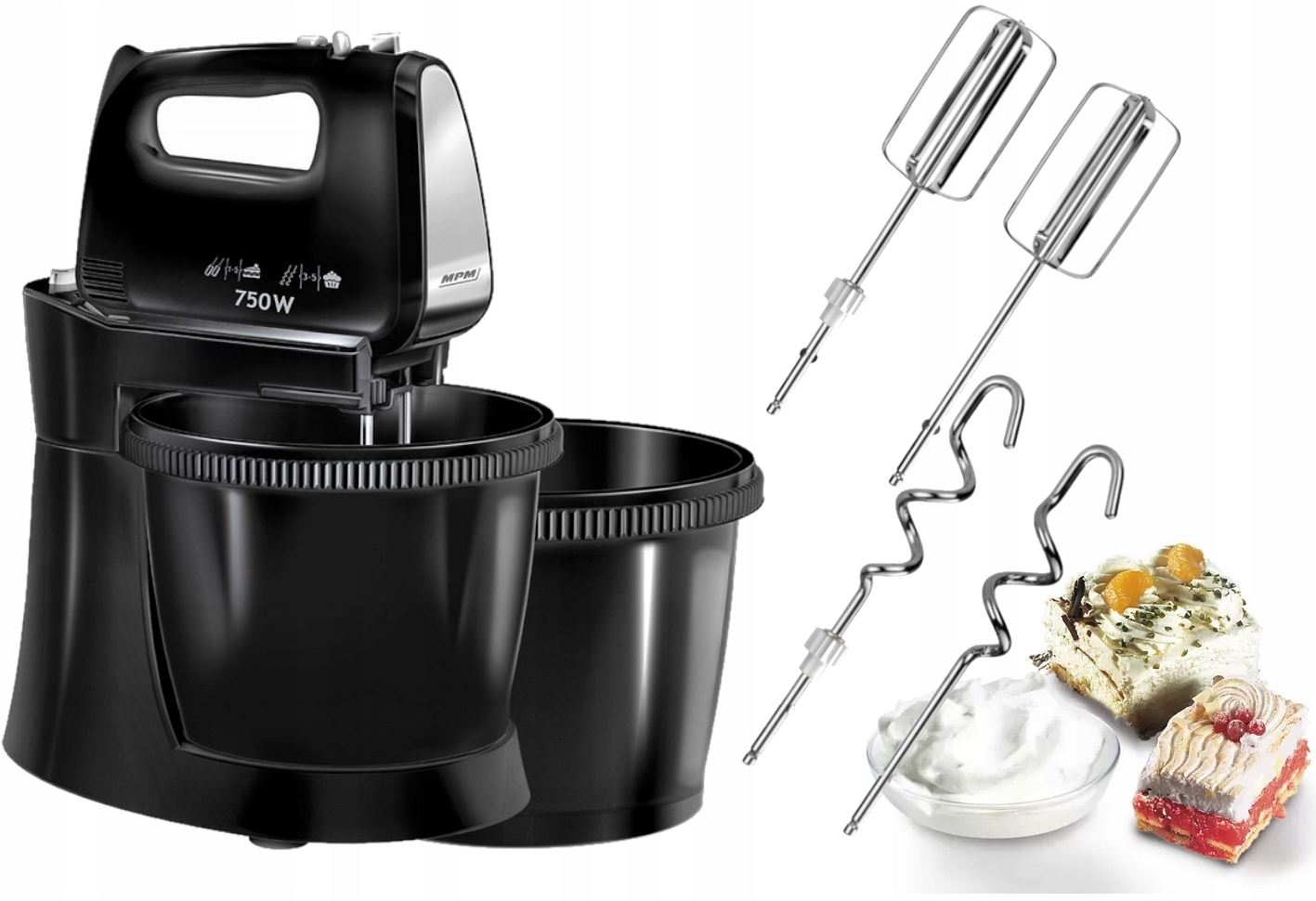 Czarny mikser z dwiema misami i przystawkami, plus ciasta i ubita śmietana.