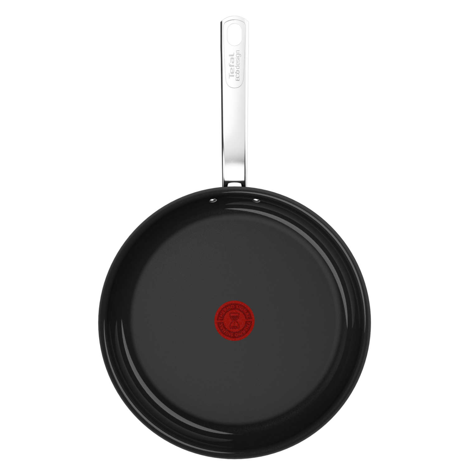 Black frying pan with a silver handle. Red heating indicator in the center.