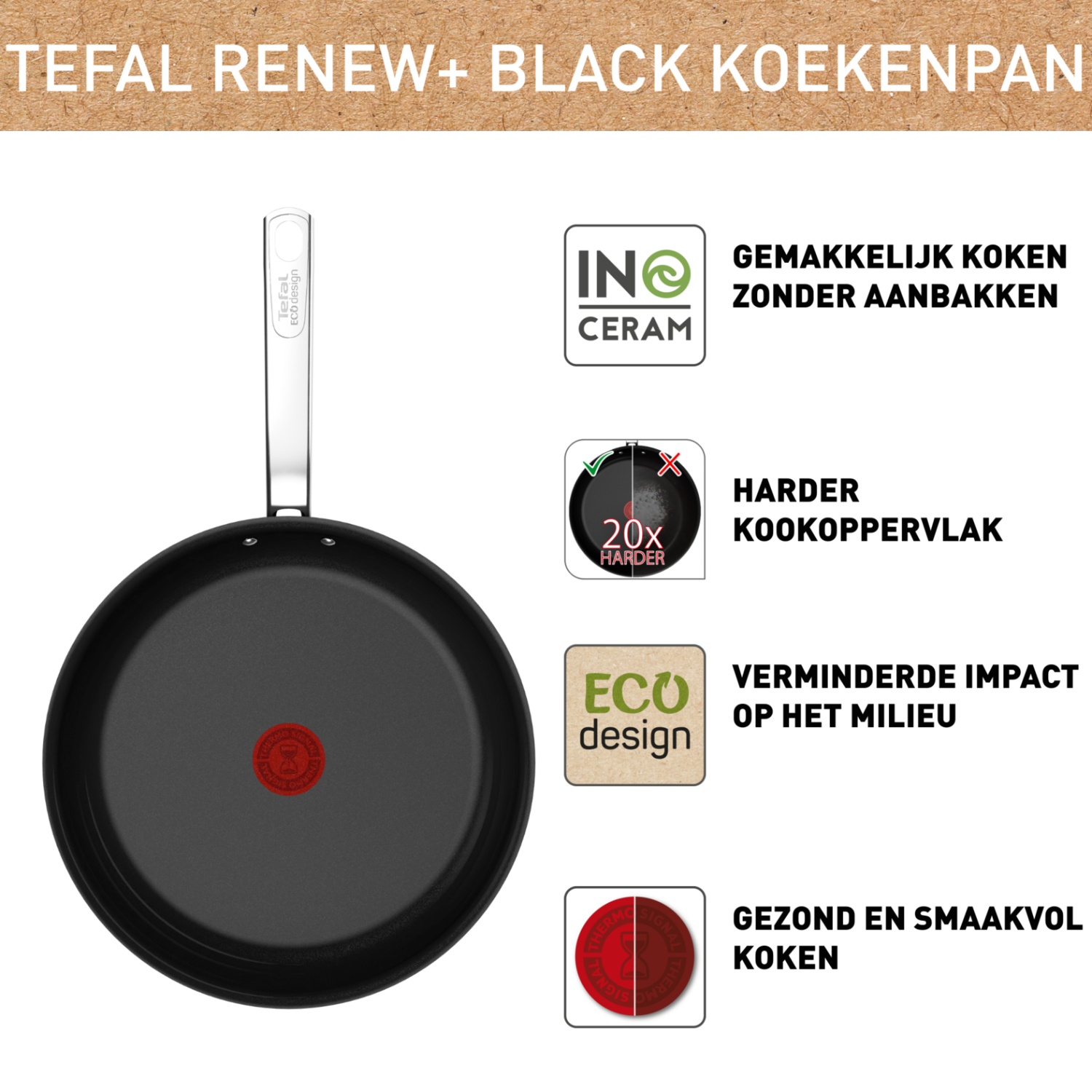 Black frying pan with silver handle and text. Icons show features: non-stick, 20x harder, eco design.