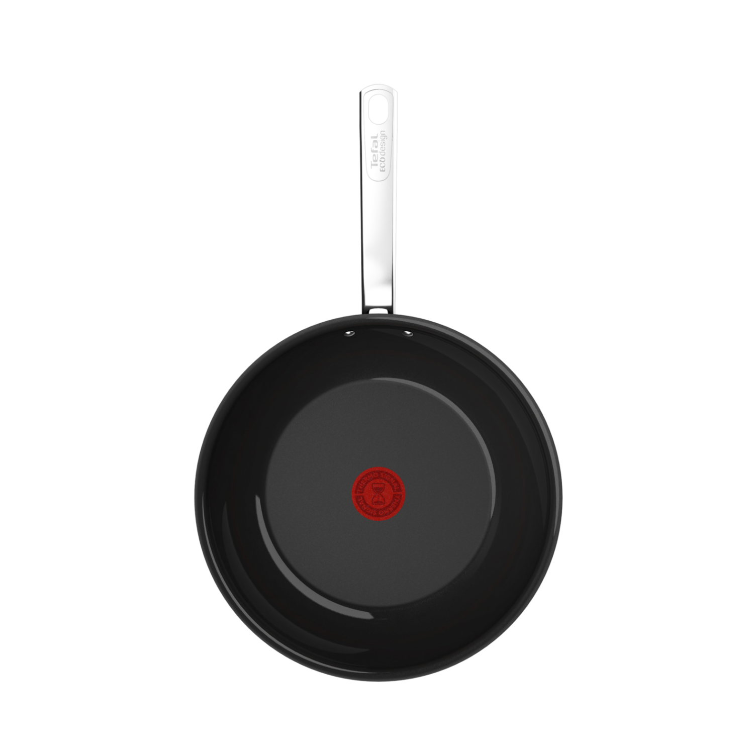 Black frying pan with red circle in the middle.