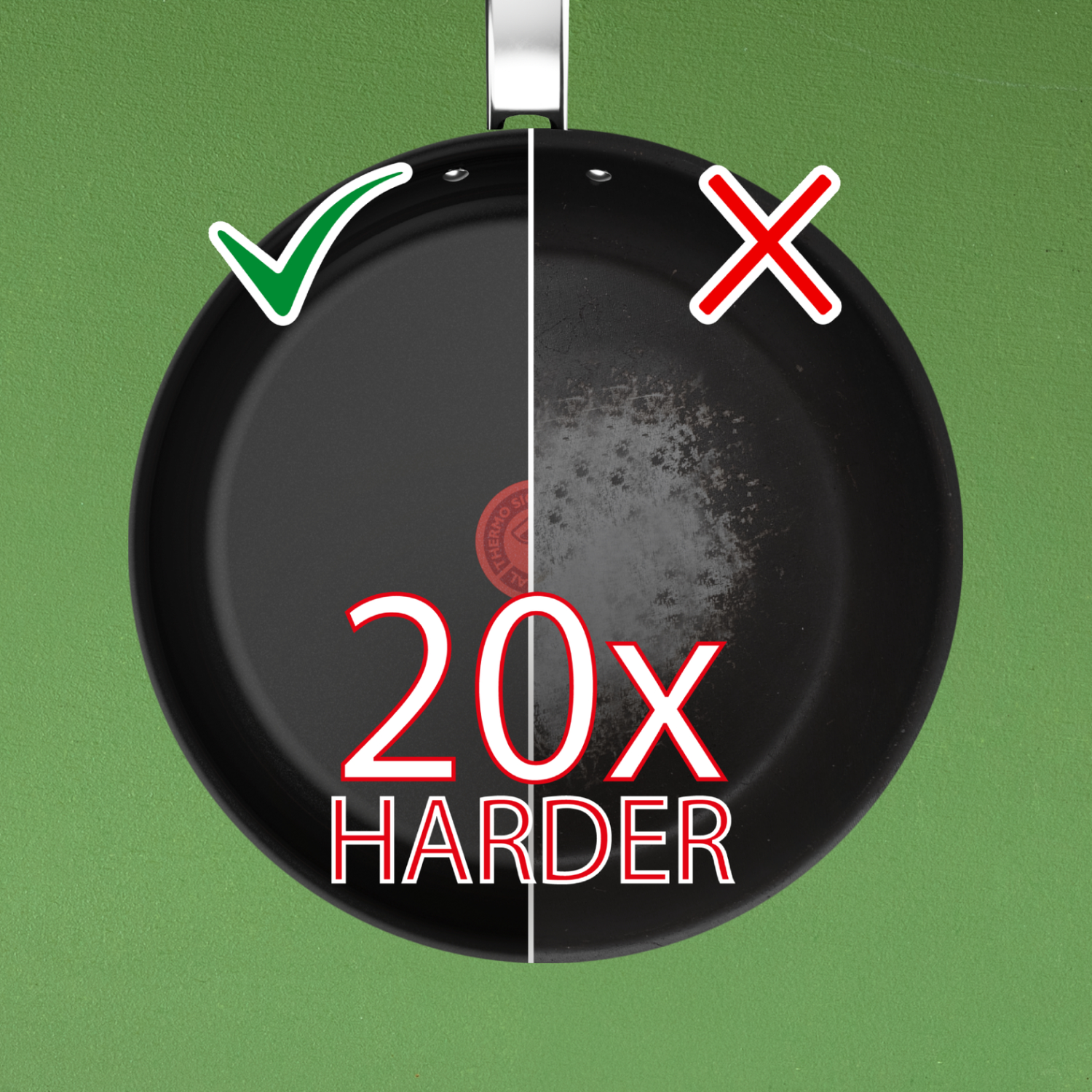 A black frying pan with a green checkmark and a red X, the text reads 20x harder.