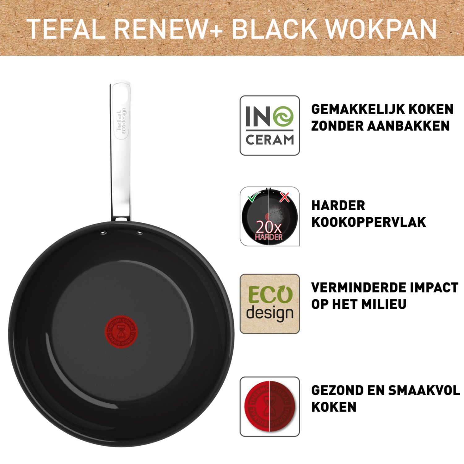 Black wok pan with a white handle, next to icons and text about cooking, durability, and eco-design.