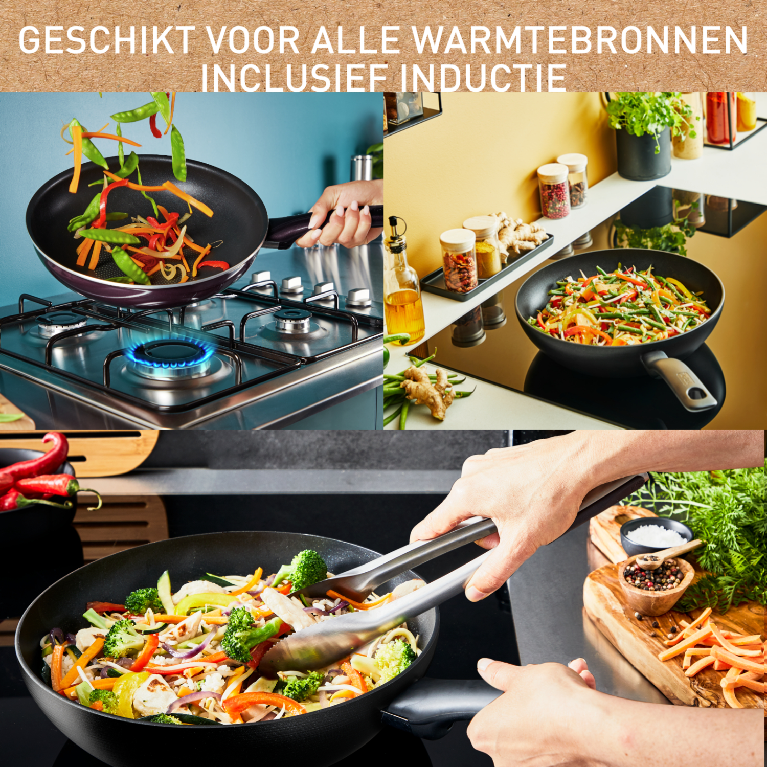Pans on different cooking surfaces with vegetables being tossed and cooked.