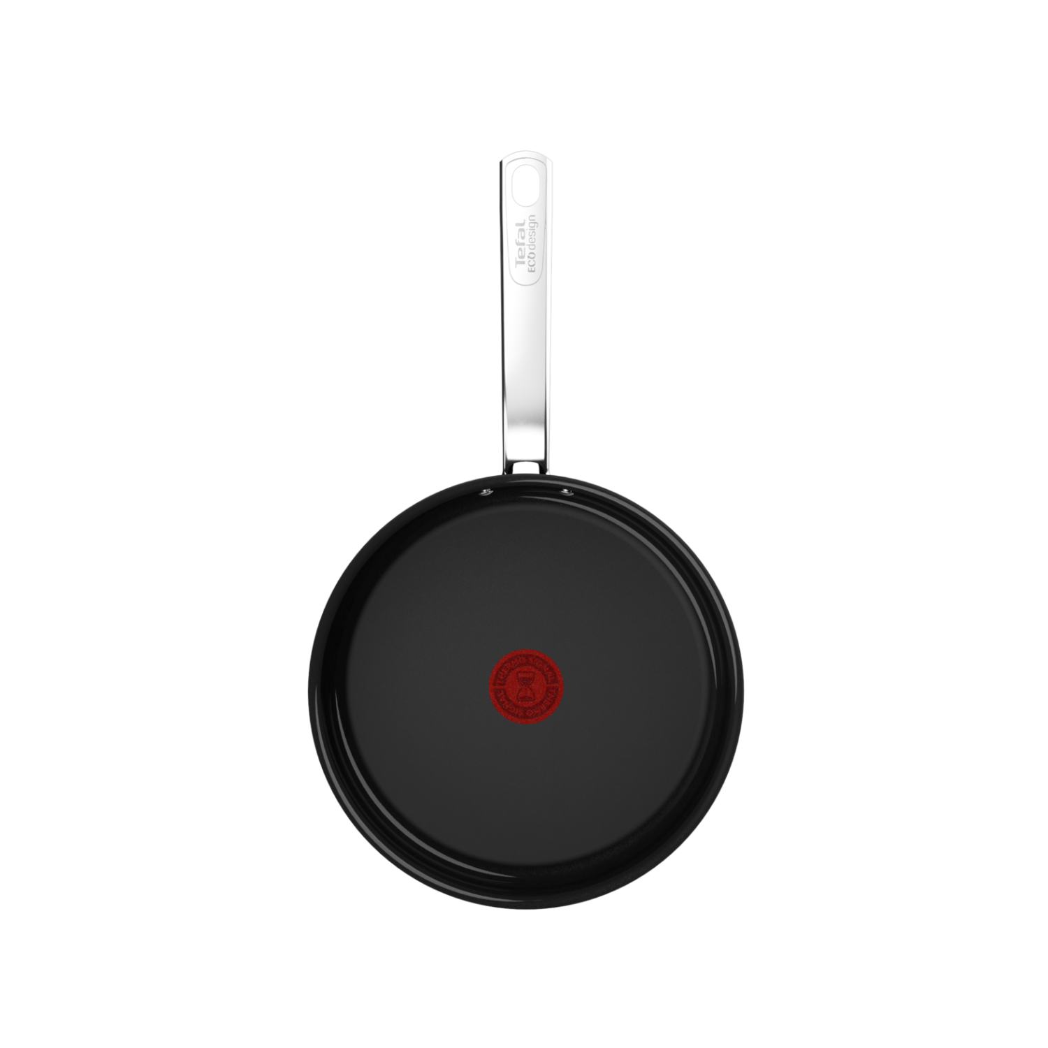 Black frying pan with a silver handle, red circle in center. White background.