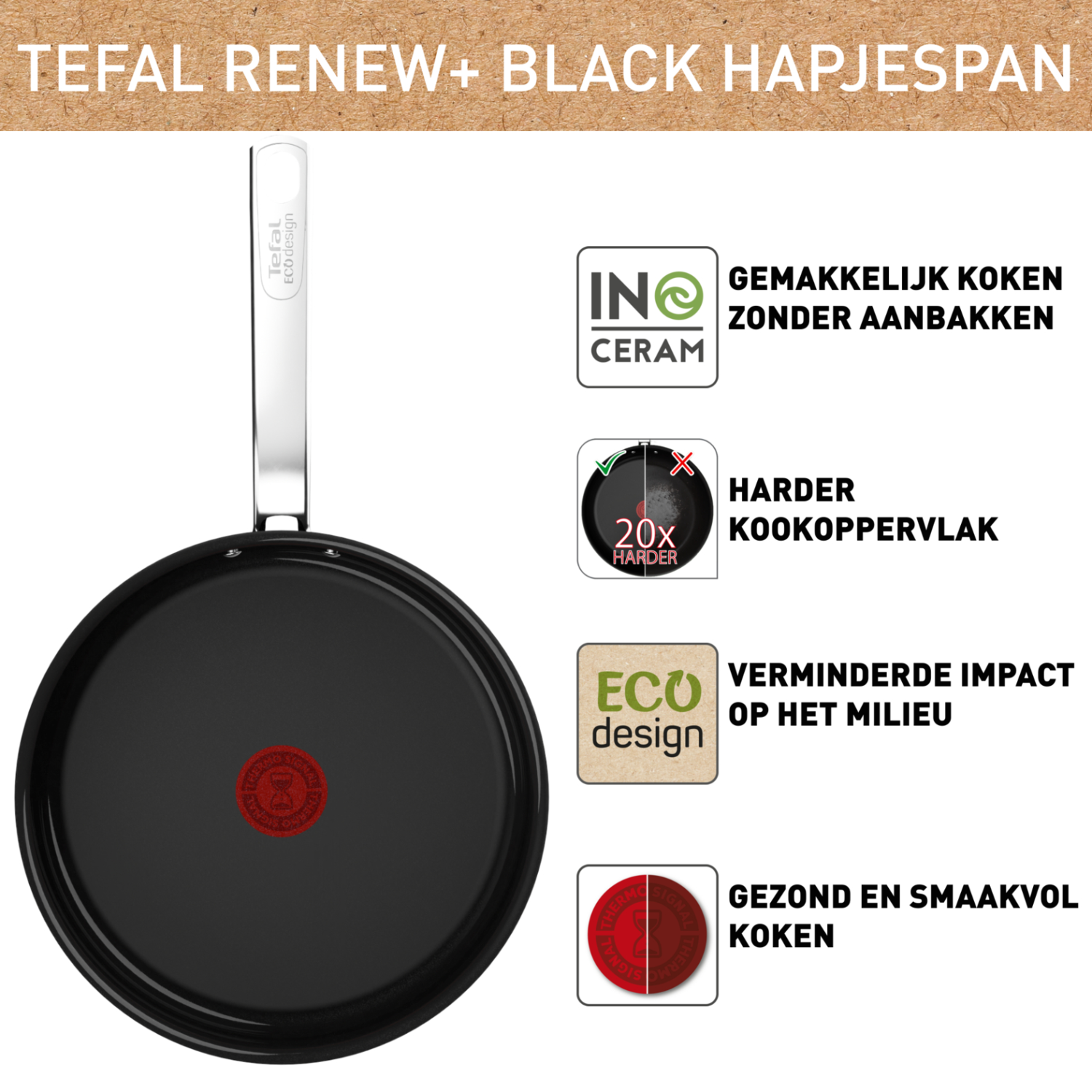 Black frying pan with red circle logo, text in Dutch about cooking and design.