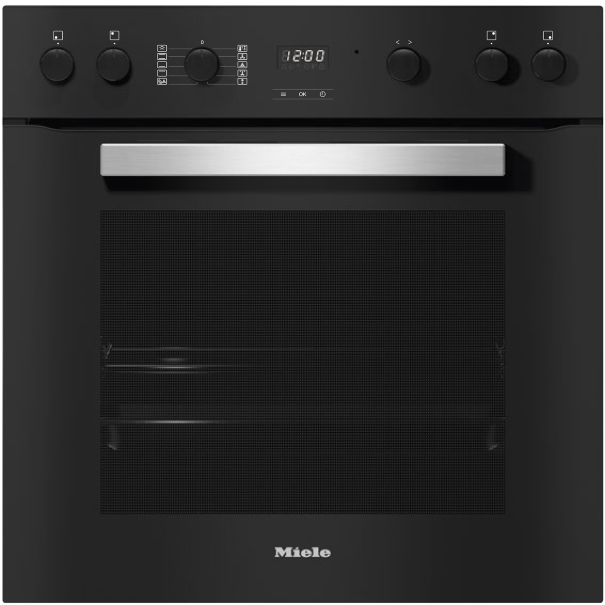 Schwarze Ofenfront, Bedienelemente oben. Der Ofen ist geschlossen, mit Miele-Logo.