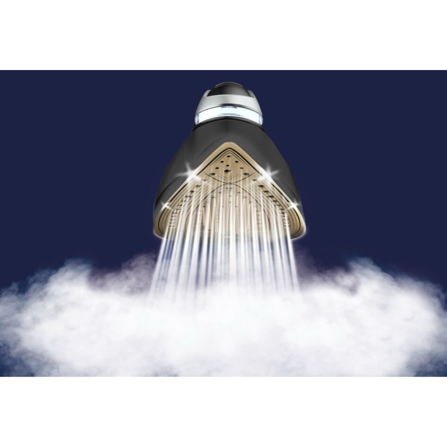 Close-up of iron with steam coming out, blue background and white cloud-like steam.