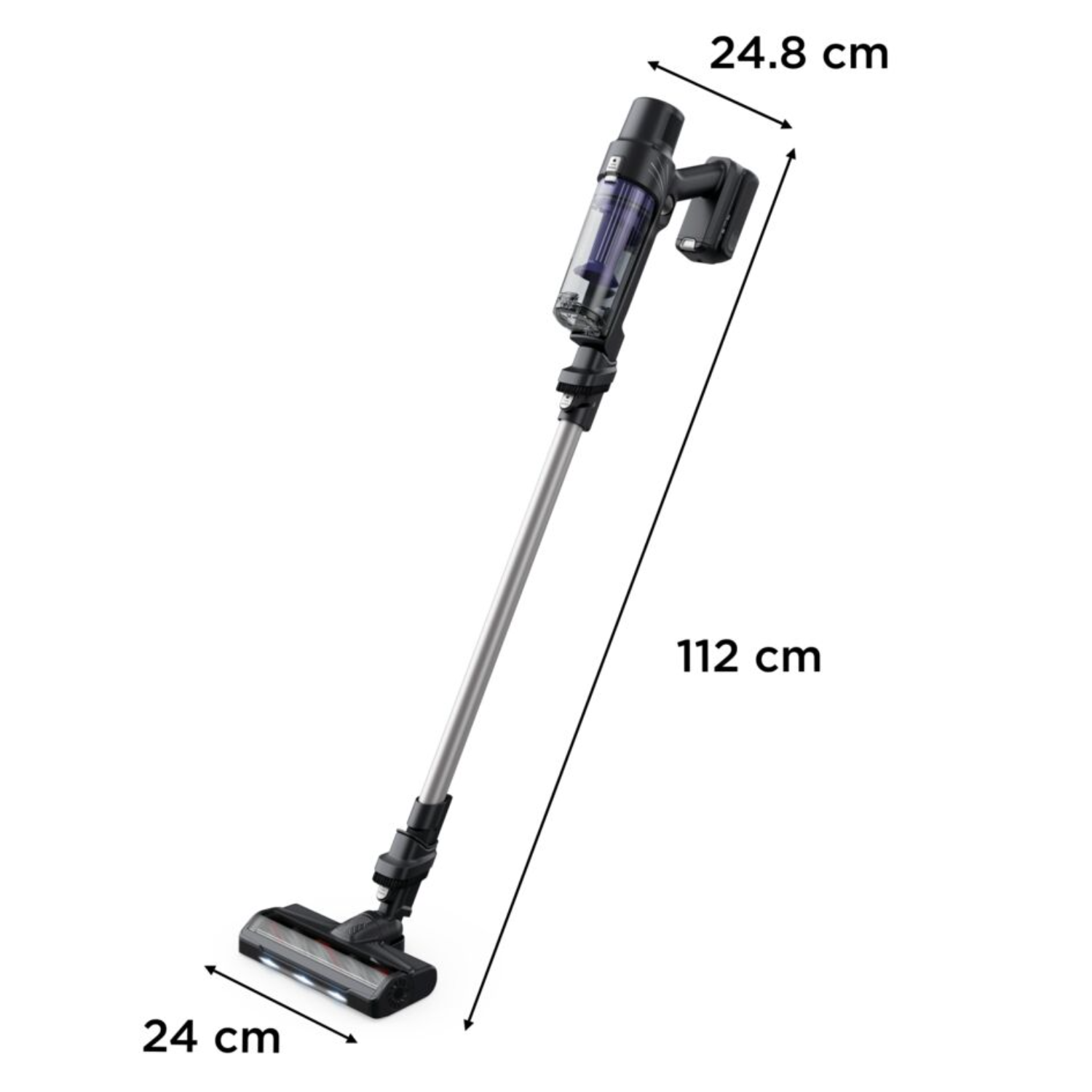Cordless vacuum cleaner, black and silver, with dimensions shown: 112cm, 24 cm, and 24.8 cm.