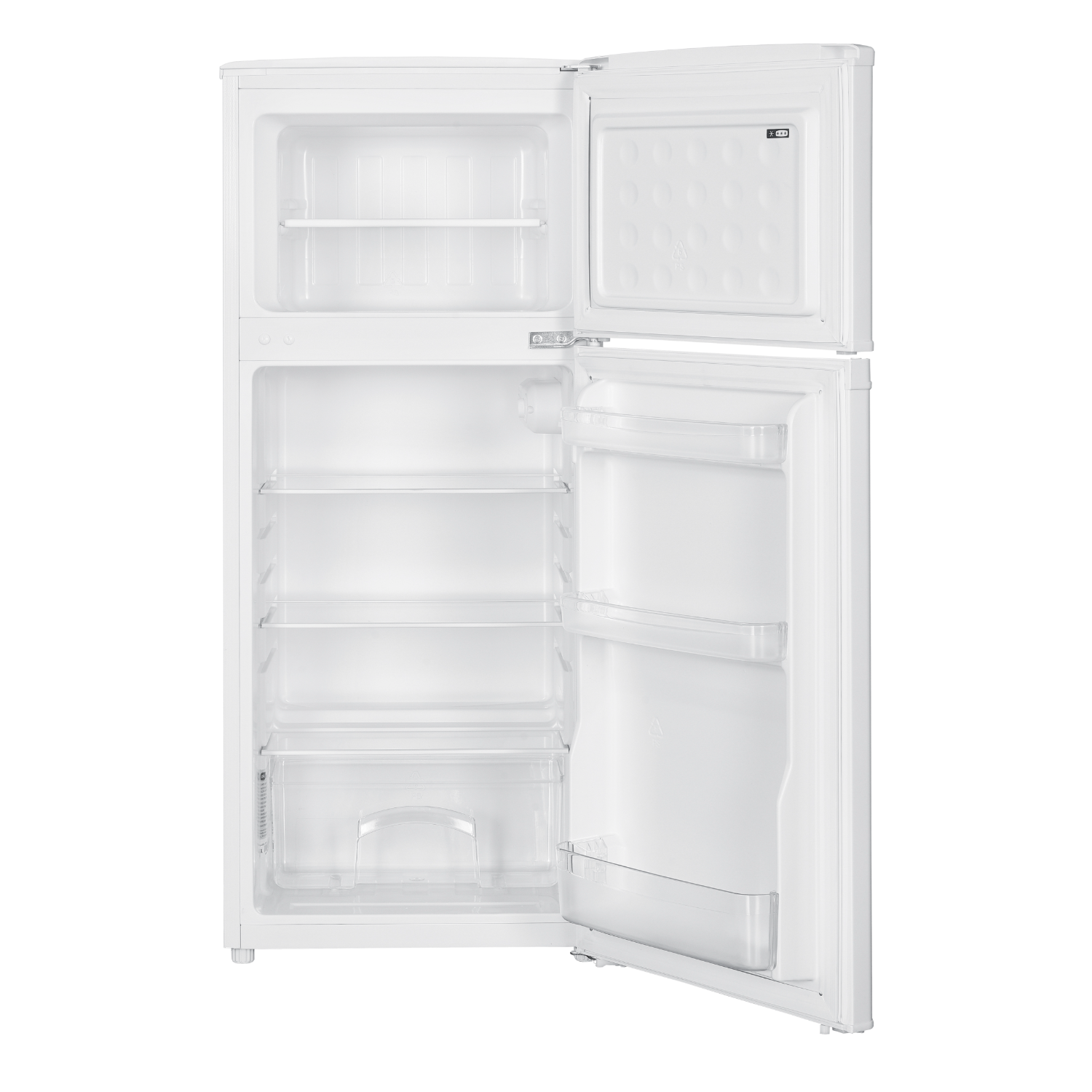 White refrigerator with open doors, showing shelves and drawers.