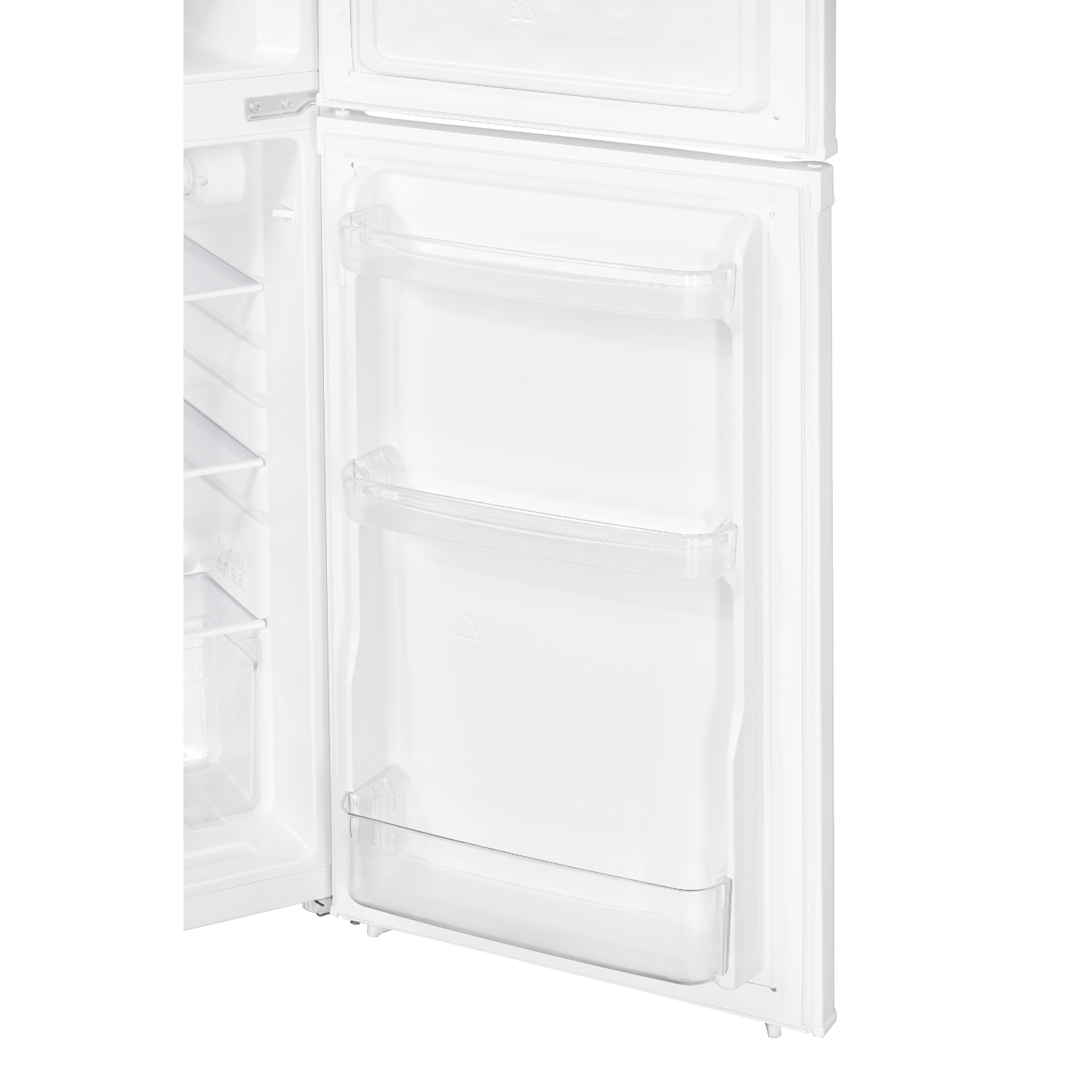 White refrigerator interior with shelves. Transparent door shelves are visible.
