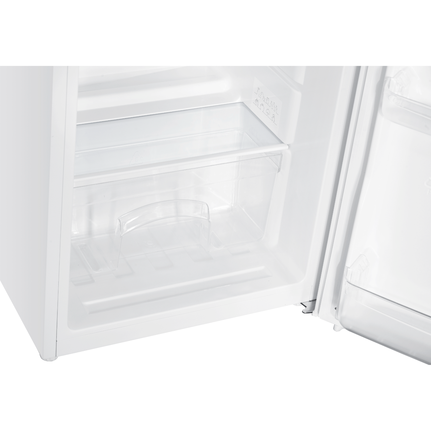 White refrigerator interior, open with a clear plastic drawer and shelf.