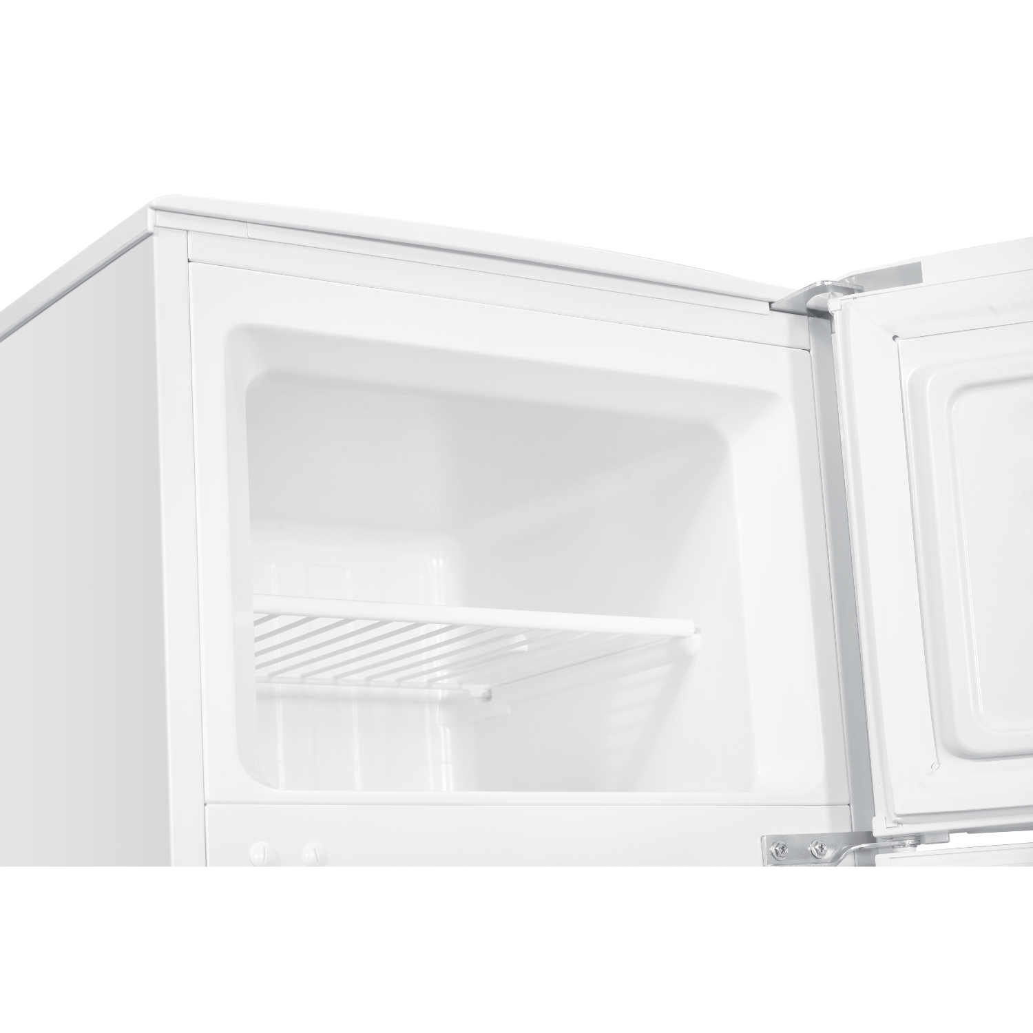 Opened white refrigerator. Inside, there's a shelf.