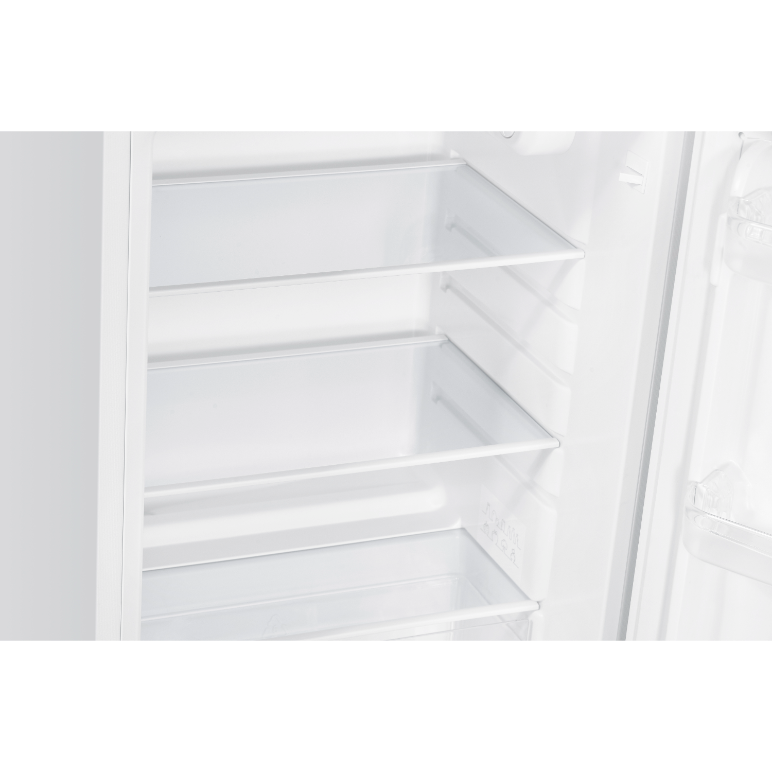 A white refrigerator interior. The shelves and a drawer are visible. Everything is empty.