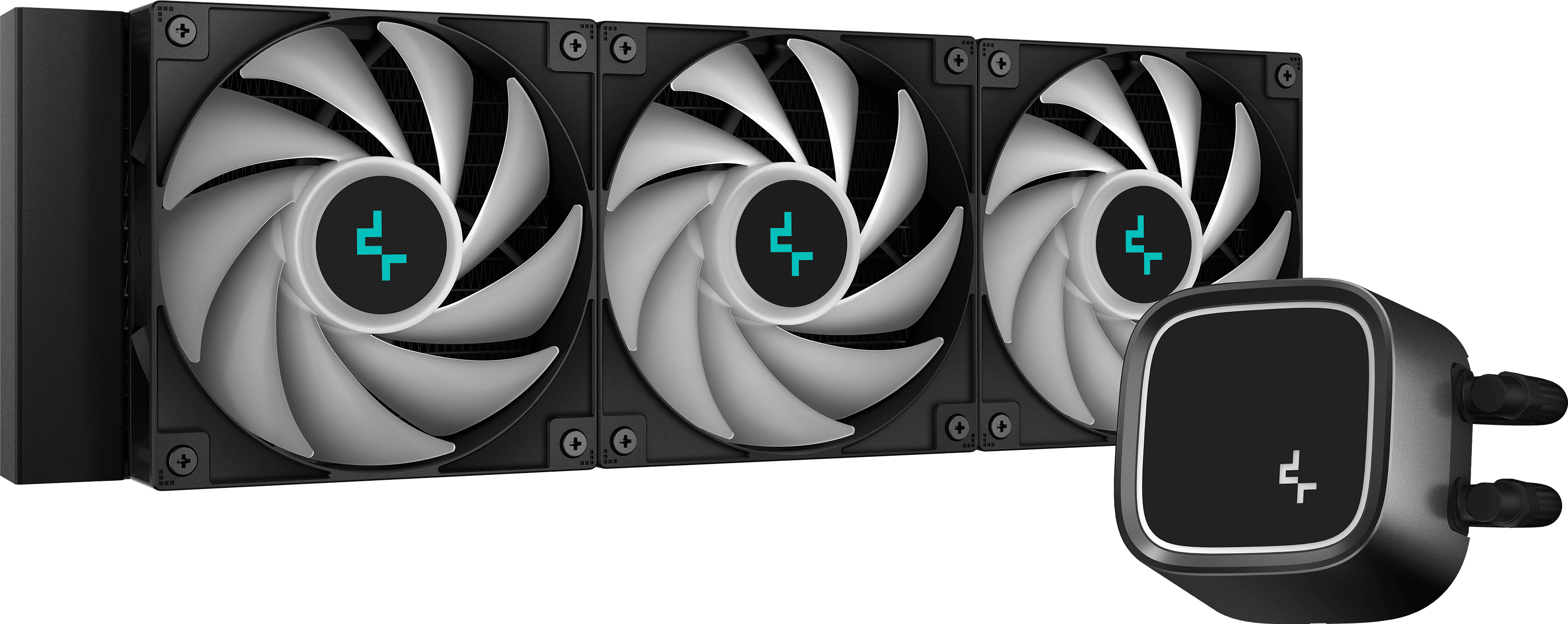 Fekete CPU-hűtő három ventilátorral, szivattyúval és fekete háttérrel.