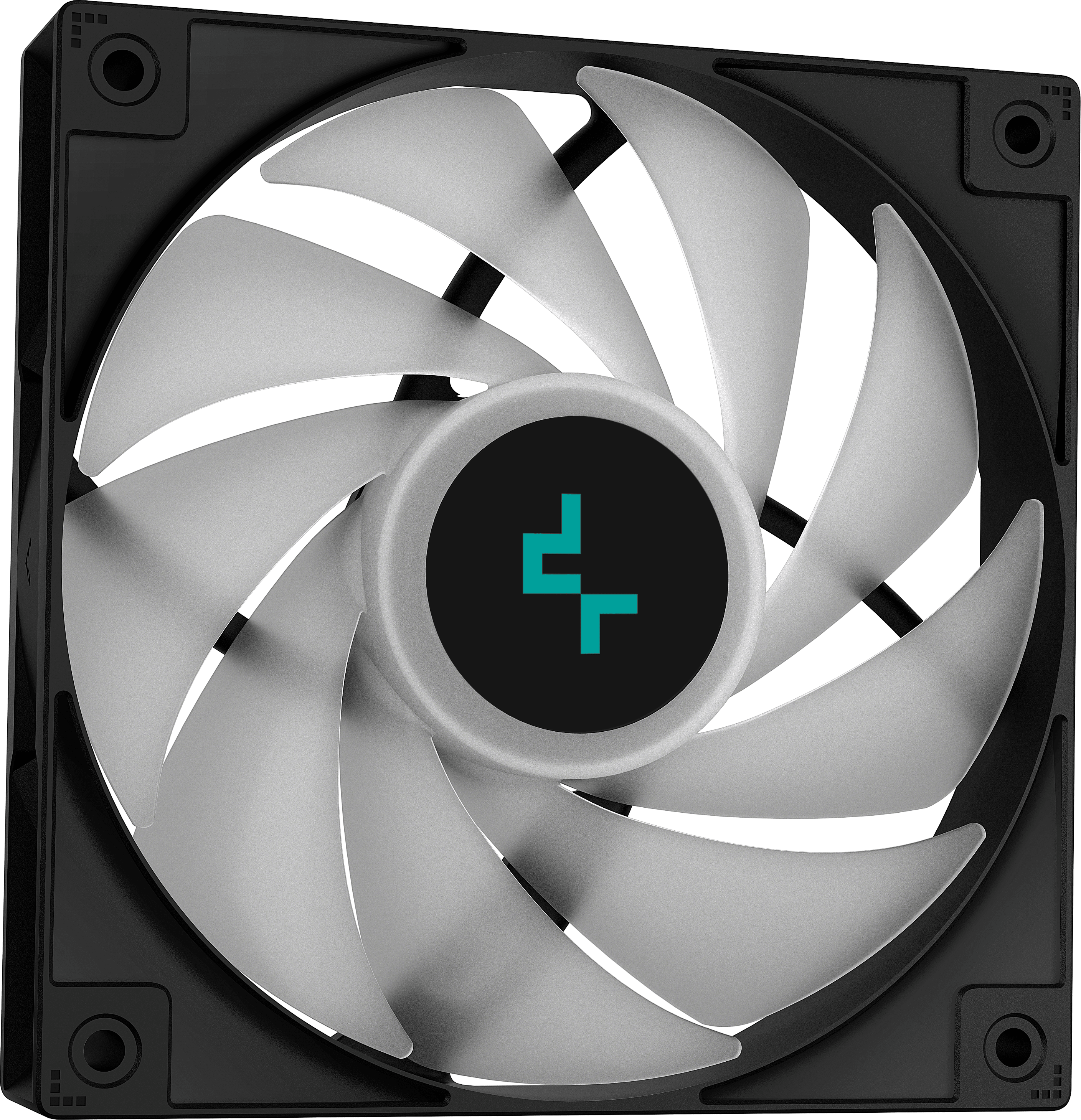 Fekete számítógép ventilátor, fehér lapátok, türkiz logó.