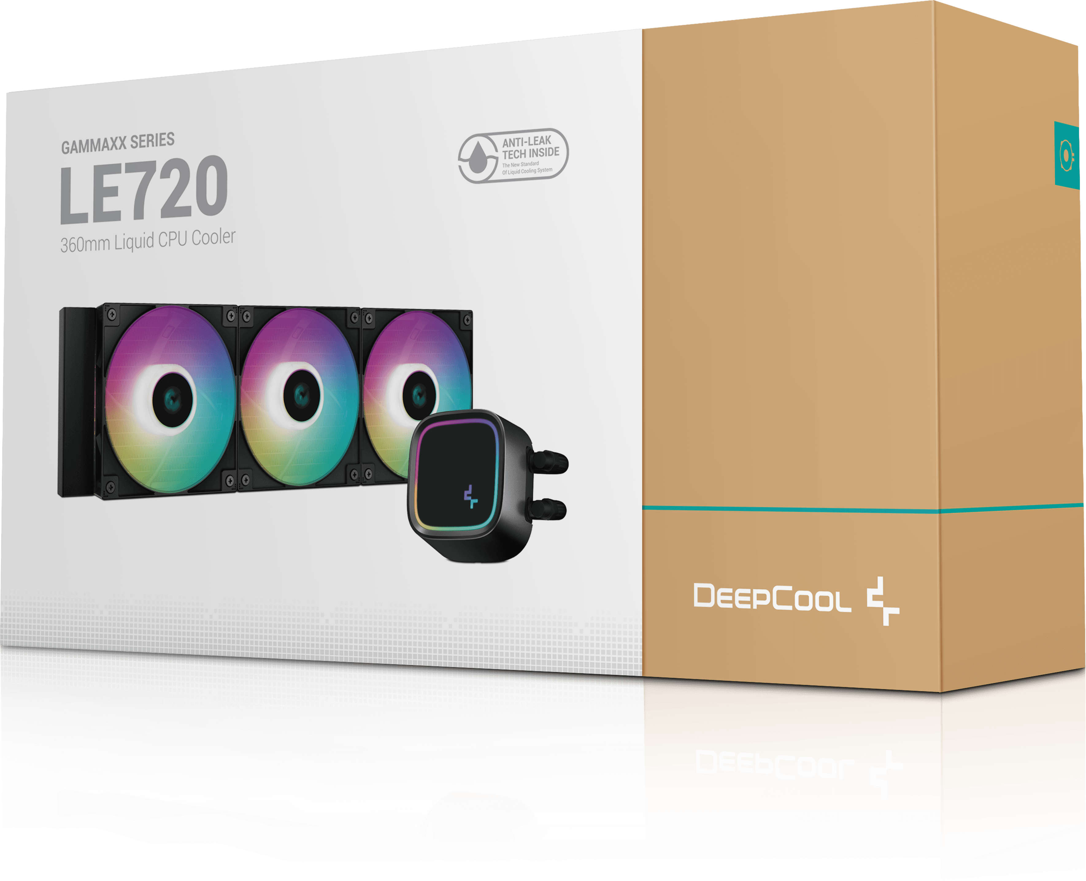 DeepCool LE720 hűtő doboz. Fekete ventilátor, három lila ventilátor és egy DeepCool logó. Belső szivárgásgátló technológia.