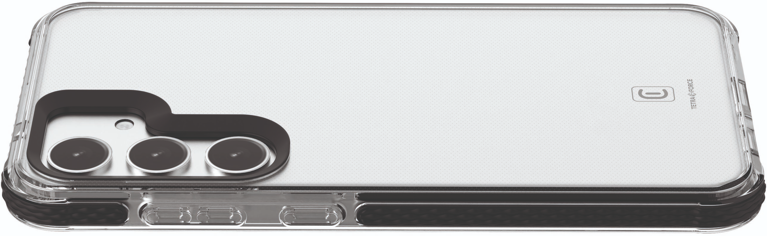 Coque de téléphone transparente avec section caméra et boutons latéraux.
