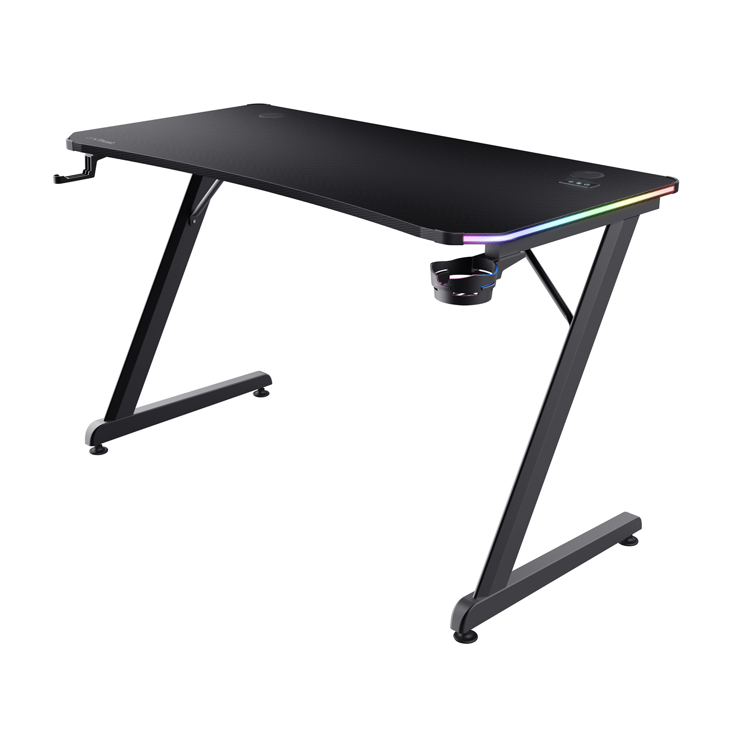 Scrivania da gaming nera con gambe a Z, piano in fibra di carbonio, portabicchieri e illuminazione RGB.
