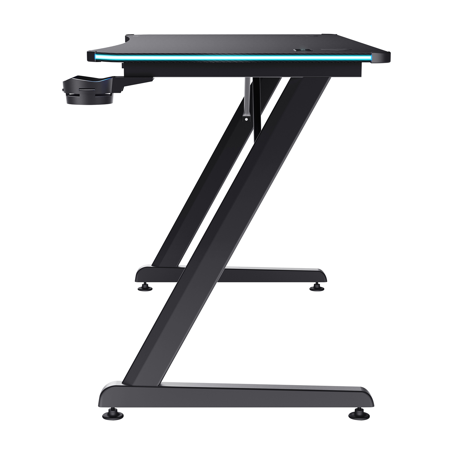 Una scrivania da gioco nera con gambe a Z e un portabicchieri sul lato sinistro.