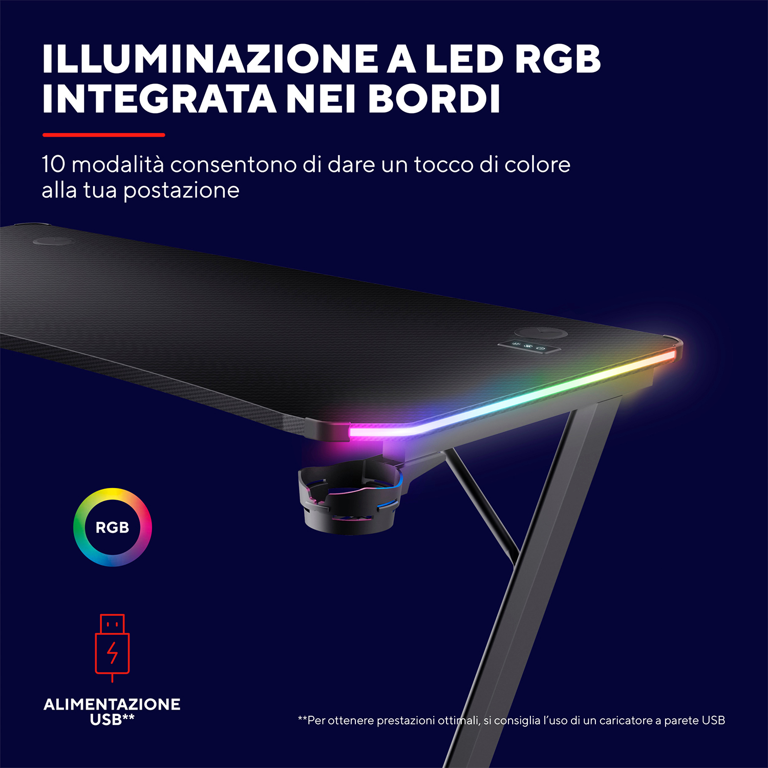 Scrivania da gaming nera con illuminazione RGB sui bordi e ingresso di alimentazione USB.