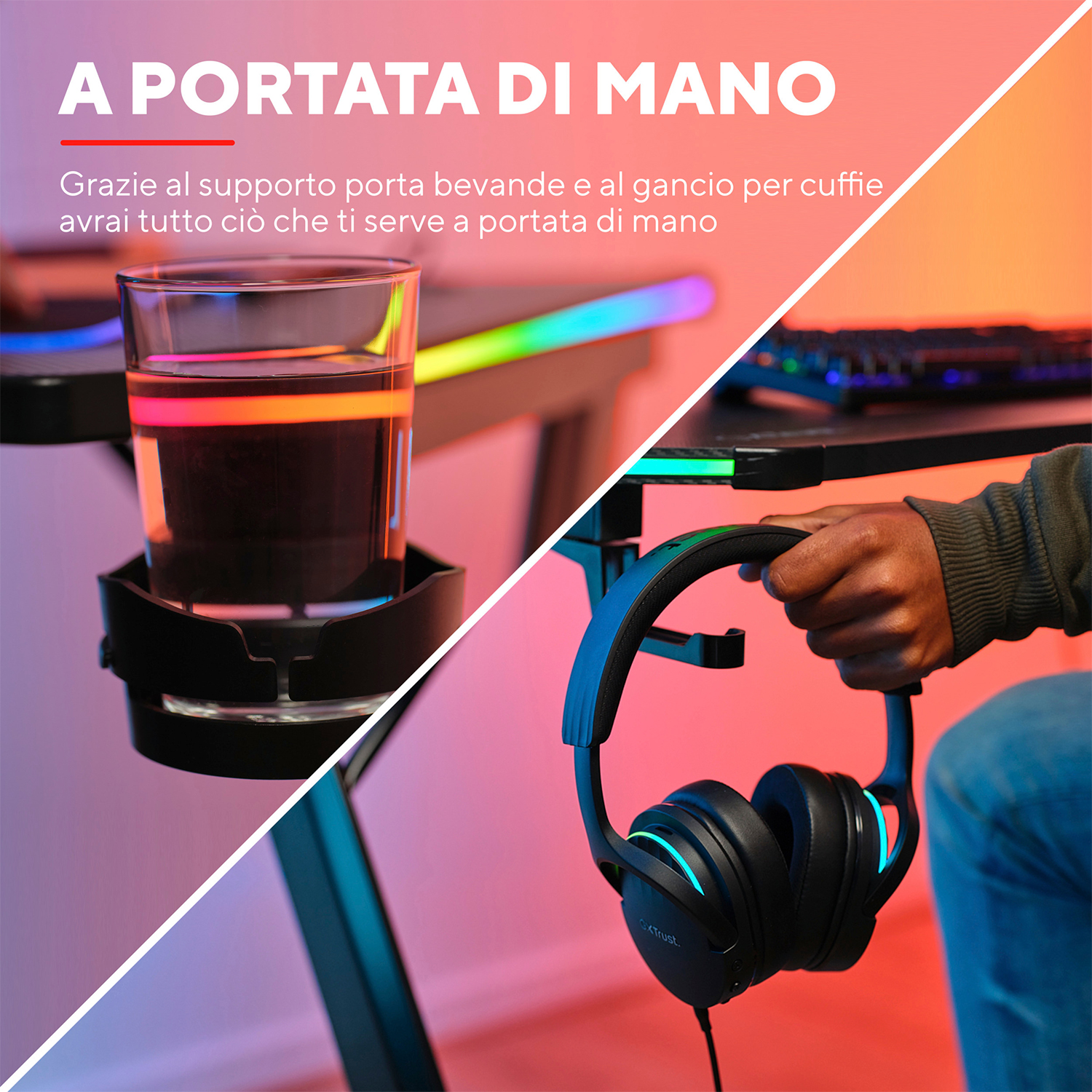 Tavolo da gioco con un bicchiere d'acqua, cuffie e illuminazione RGB.