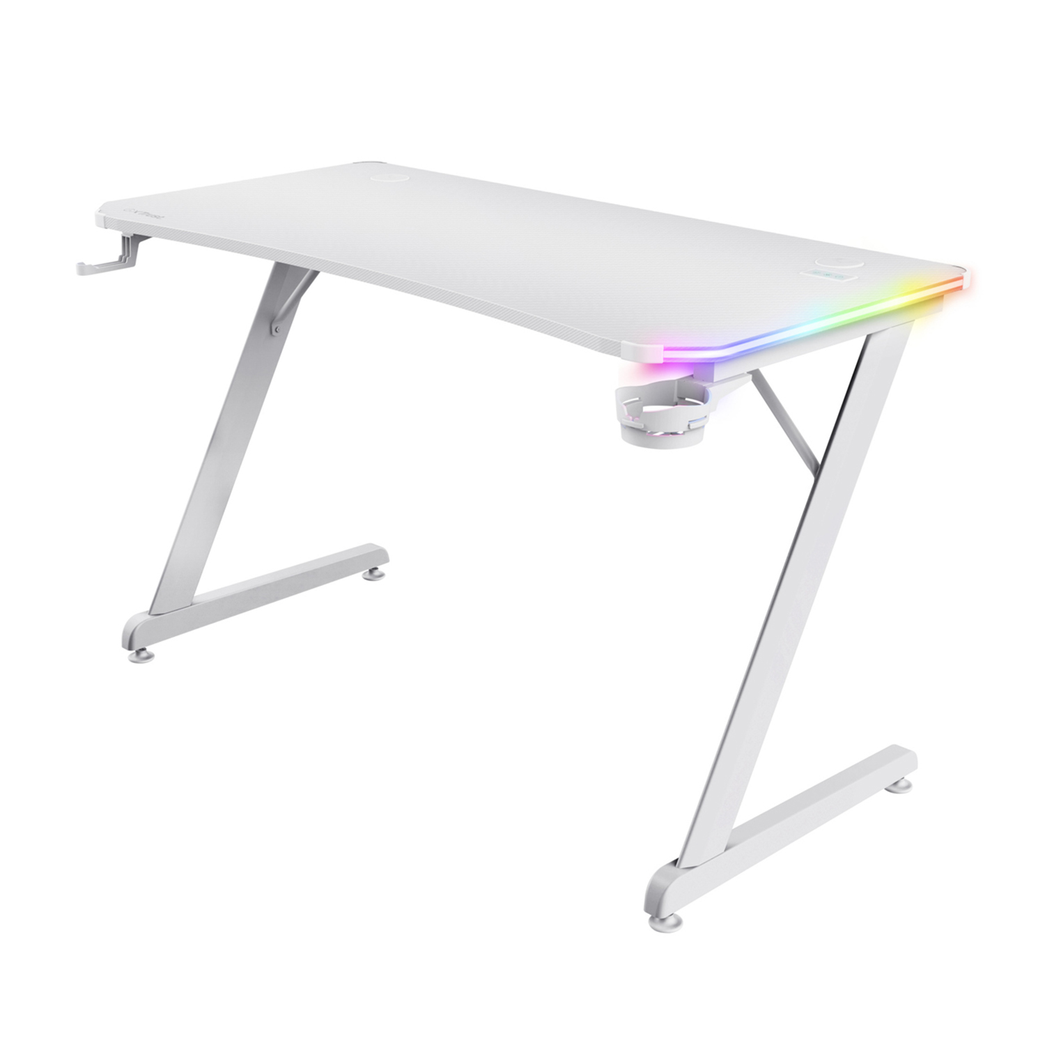 Una scrivania da gaming bianca con gambe a forma di Z e luci a LED.