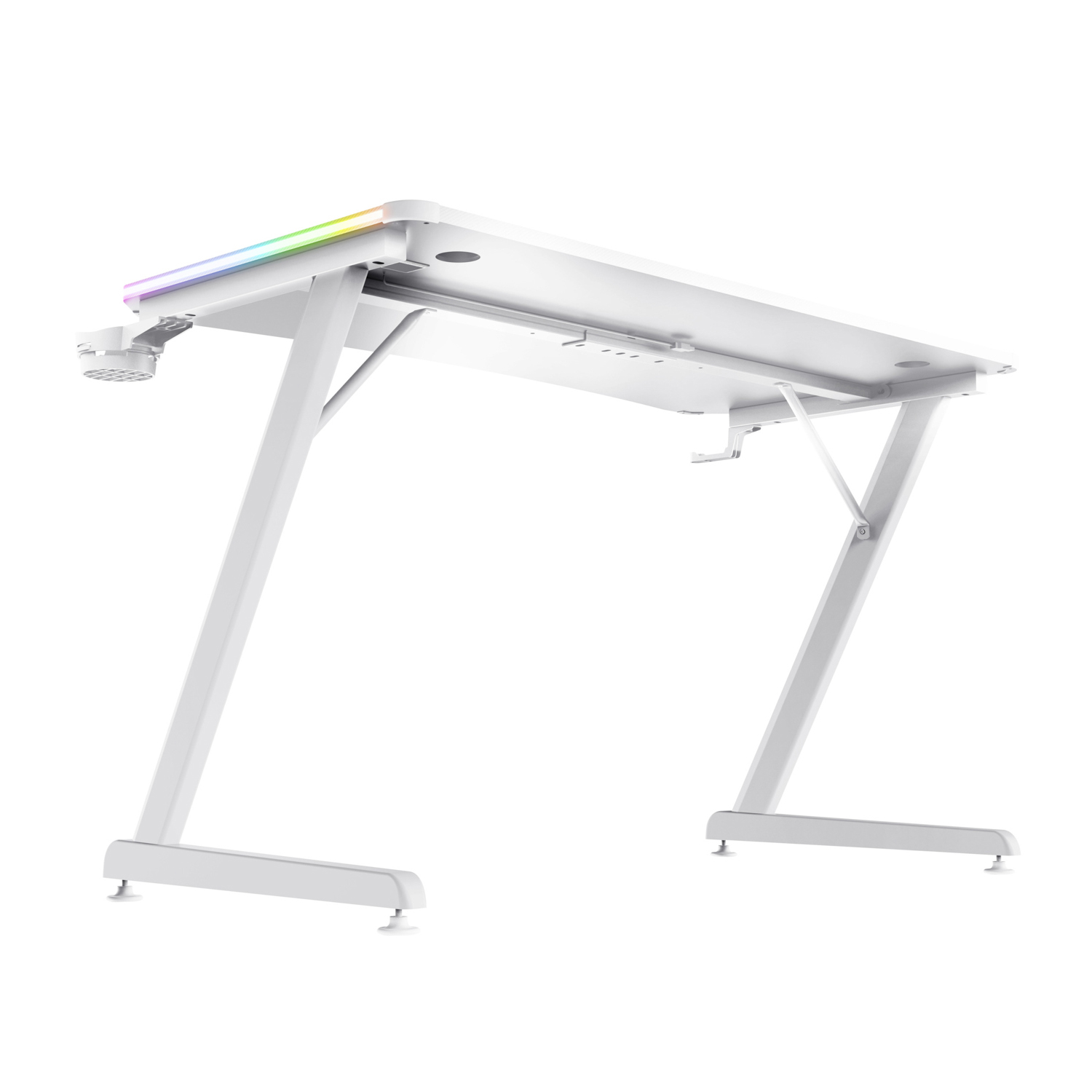Scrivania da gioco bianca con gambe a Z. Striscia luminosa RGB in alto. Sfondo bianco.