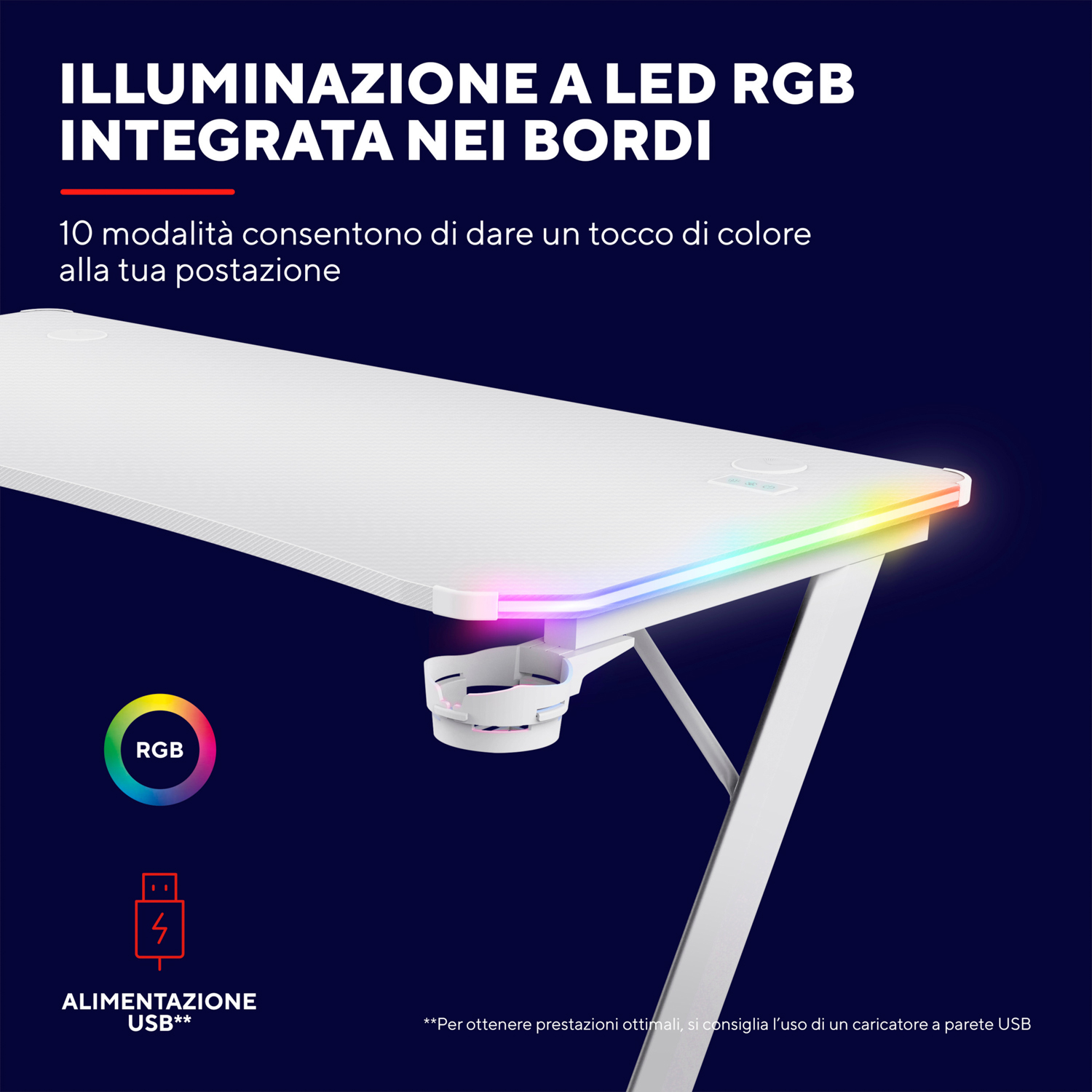 Una scrivania bianca con illuminazione LED RGB sui bordi. Un cavo di alimentazione e logo RGB.