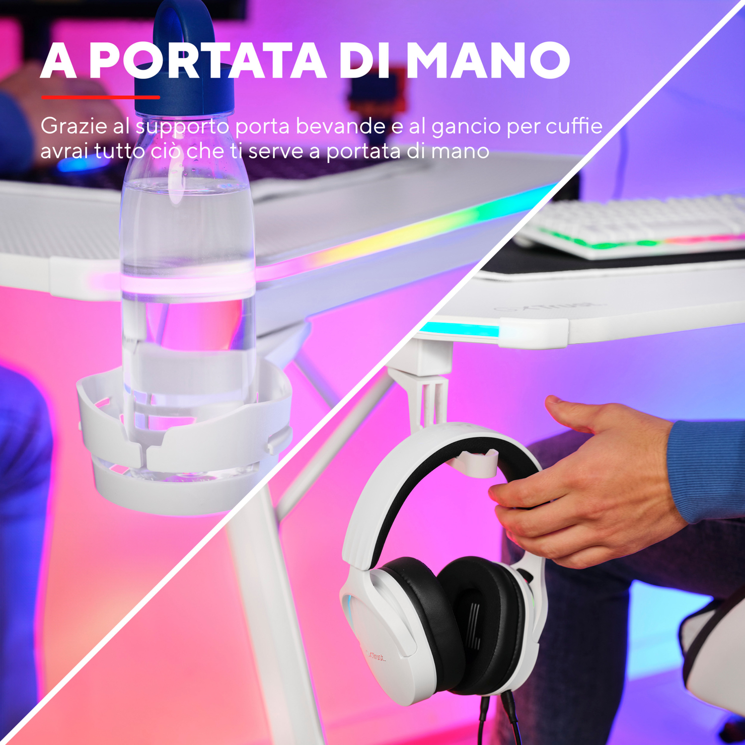 Un'impostazione da scrivania con una bottiglia d'acqua e cuffie. La scrivania è bianca con una striscia luminosa colorata.