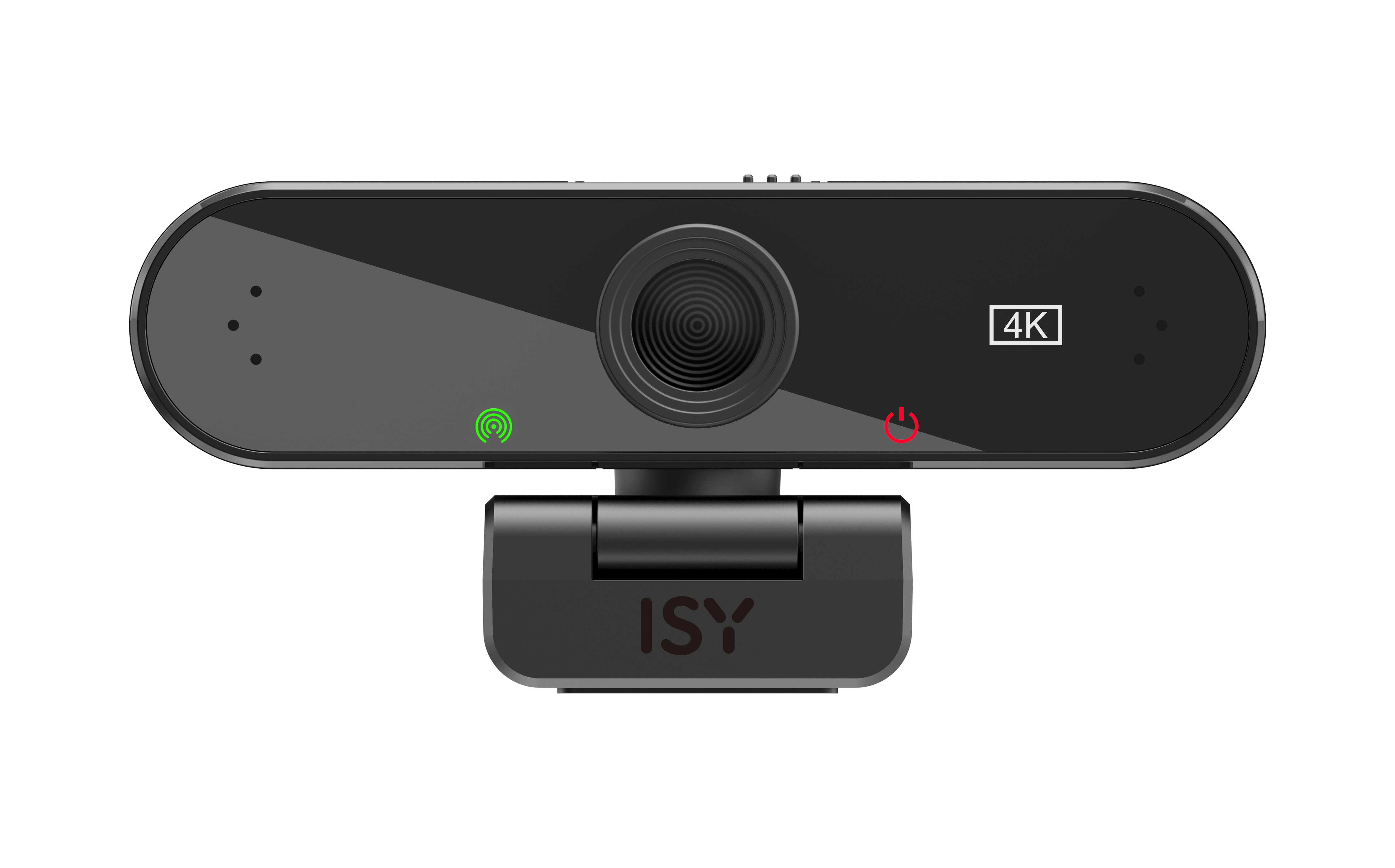 Schwarze Webcam mit Linse, Indikatoren und Ständer. Das 4K-Logo wird angezeigt.