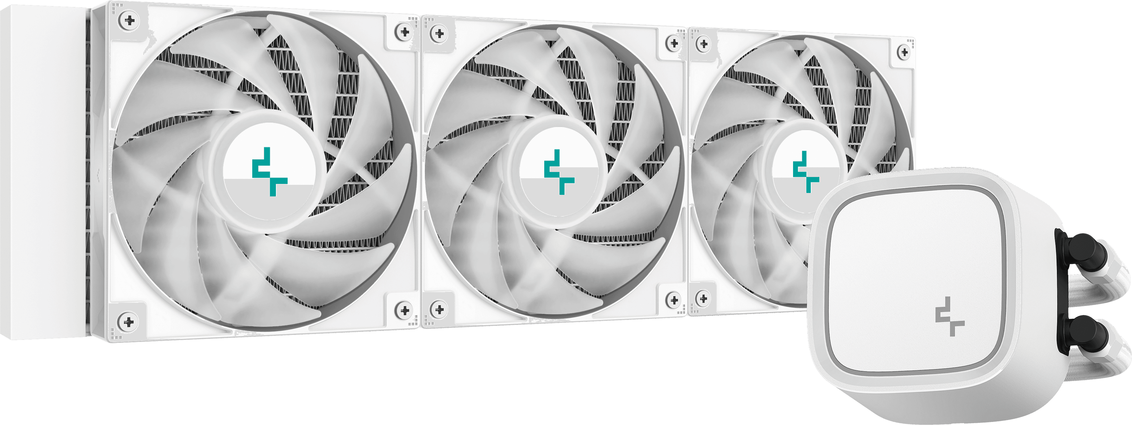 Fehér számítógépes hűtőrendszer három ventilátorral és egy vízhűtővel.