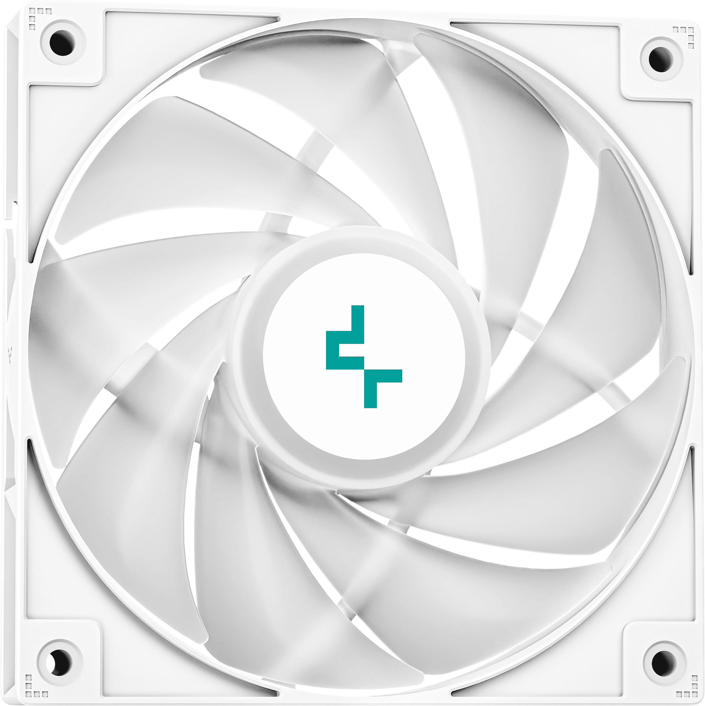 Fehér ventilátor lapátokkal, türkiz logóval a közepén és csavarlyukakkal a sarkokban.