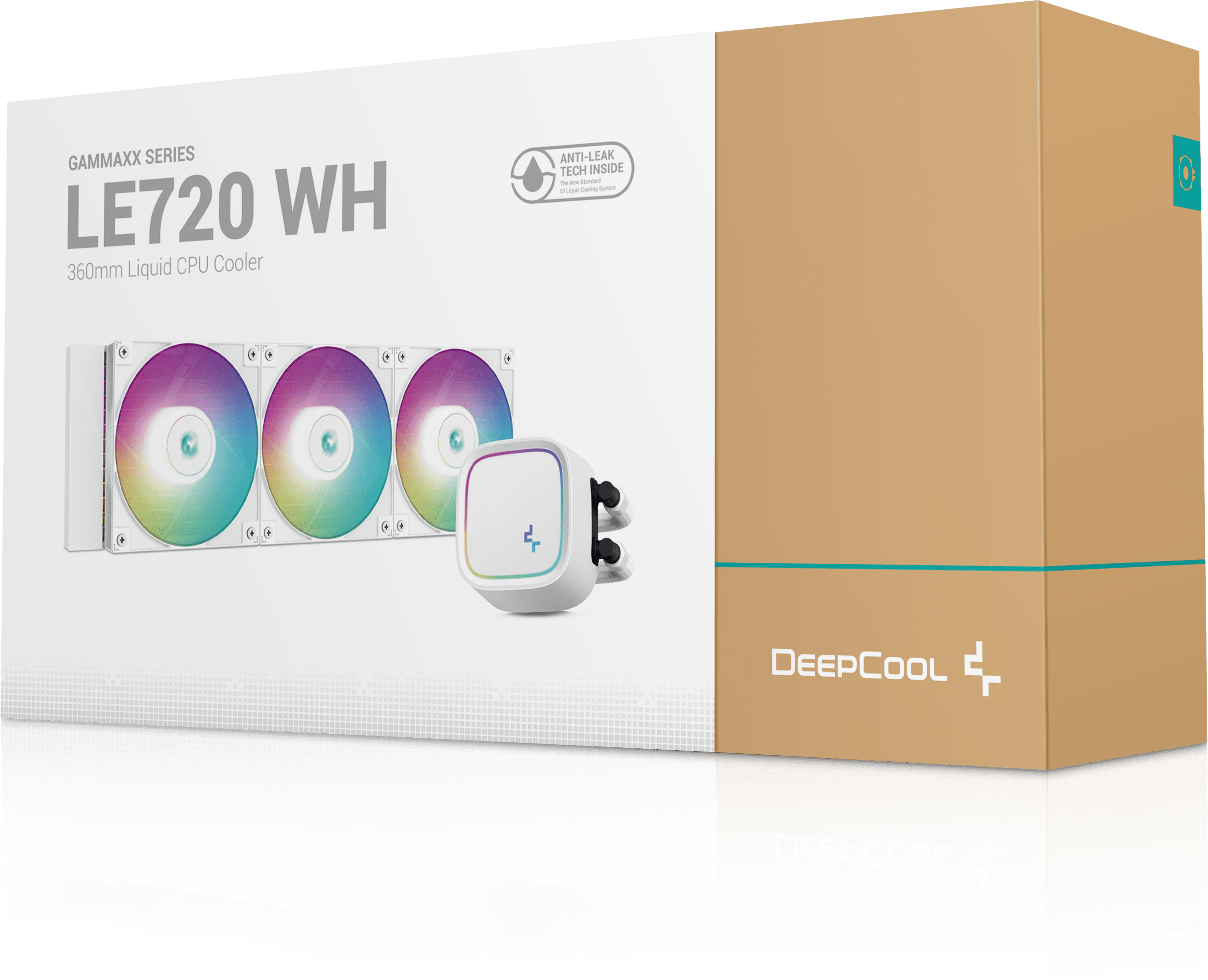 Fehér hűtődoboz három színes ventilátorral és DEEPCOOL logóval.