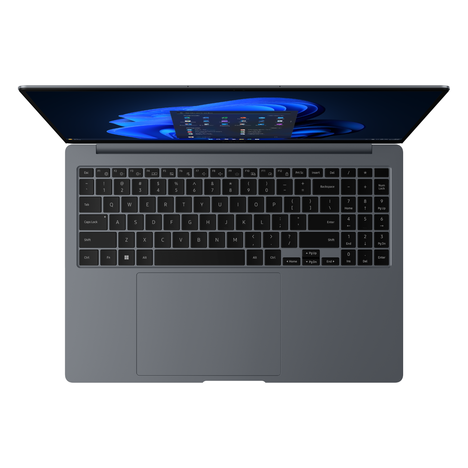 Top view of a dark grey laptop, open, with the screen displaying a UI.