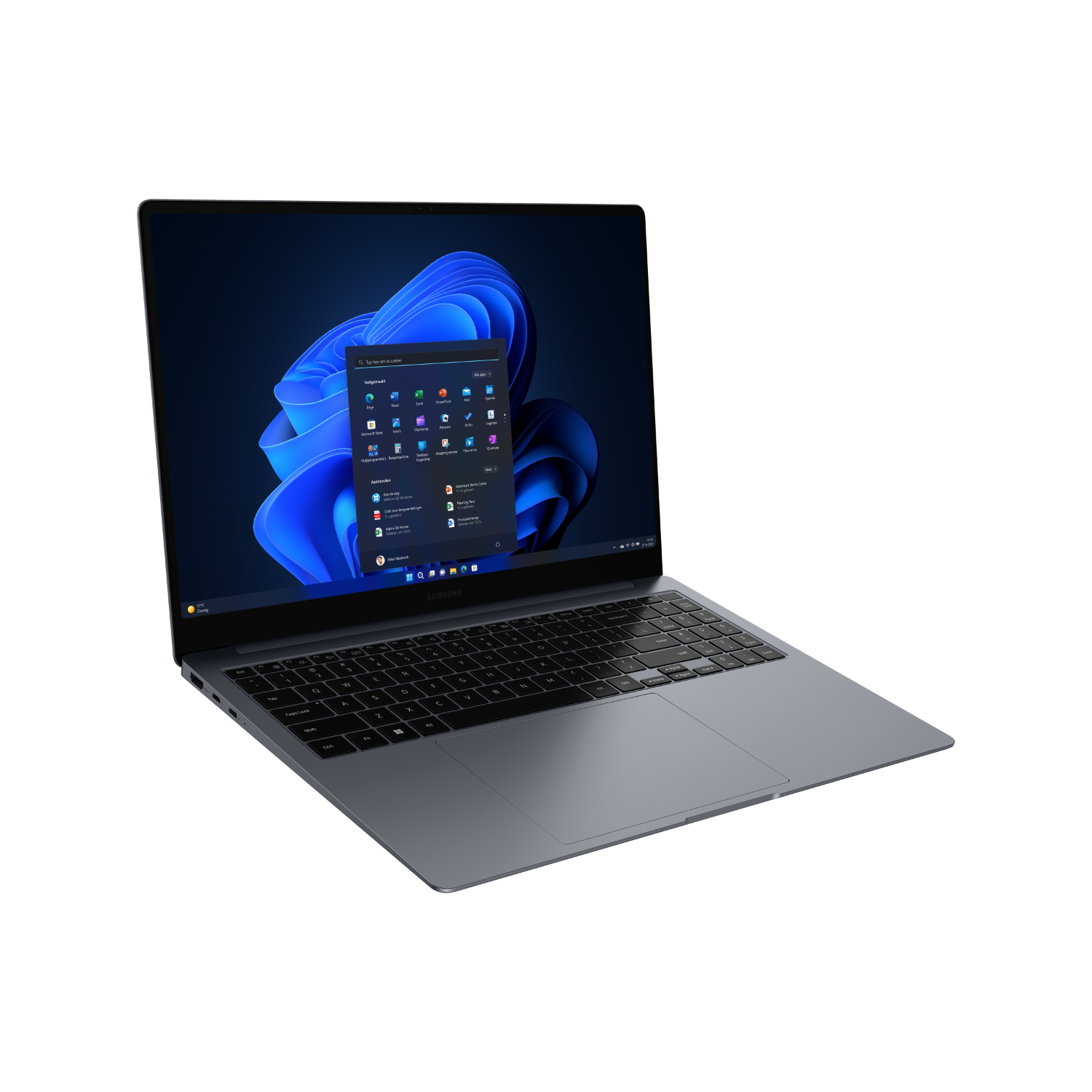 Laptop with opened screen on black surface. The screen shows a Windows interface.