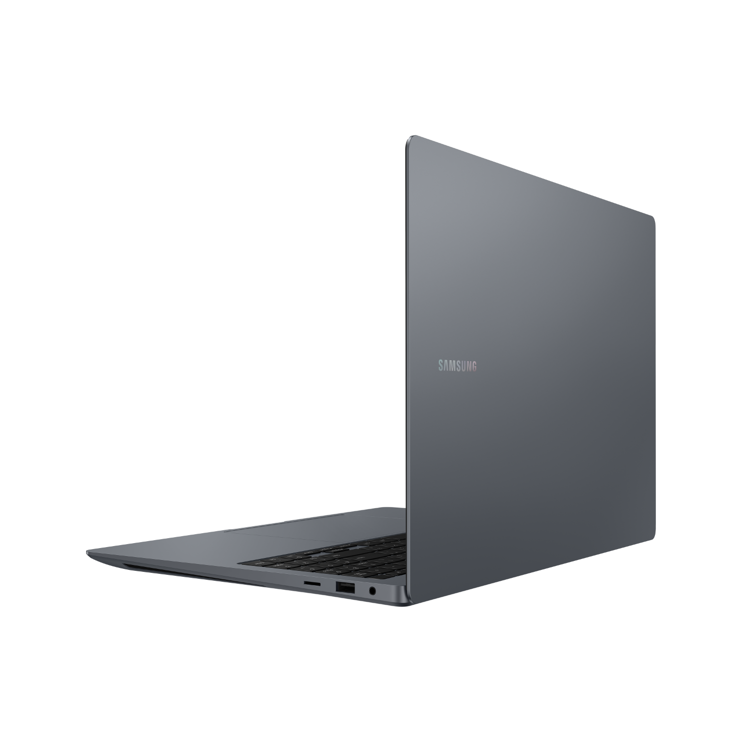 Gray laptop open, showing the screen, set against a black background.