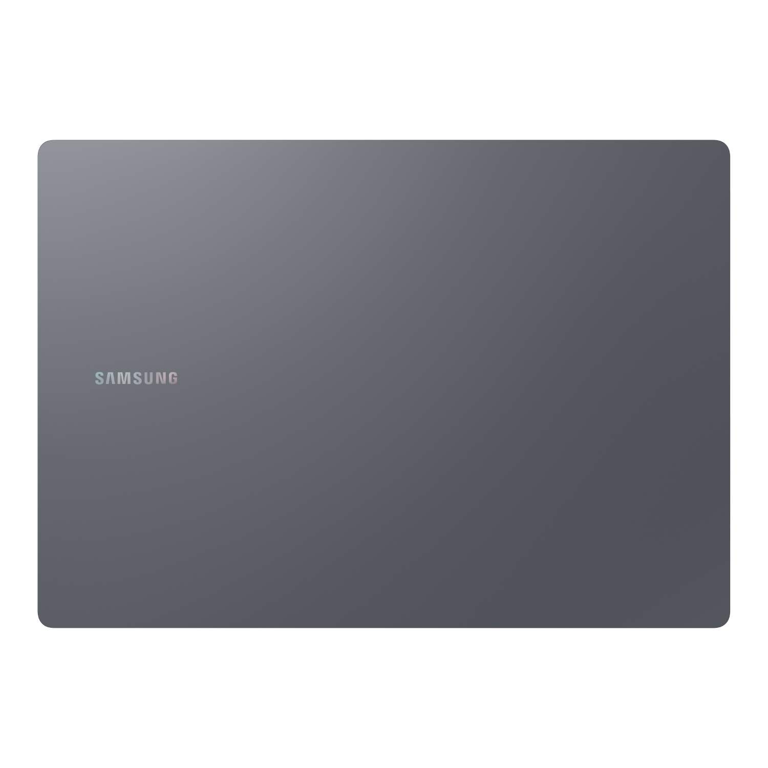 Gray tablet, Samsung logo, black background.