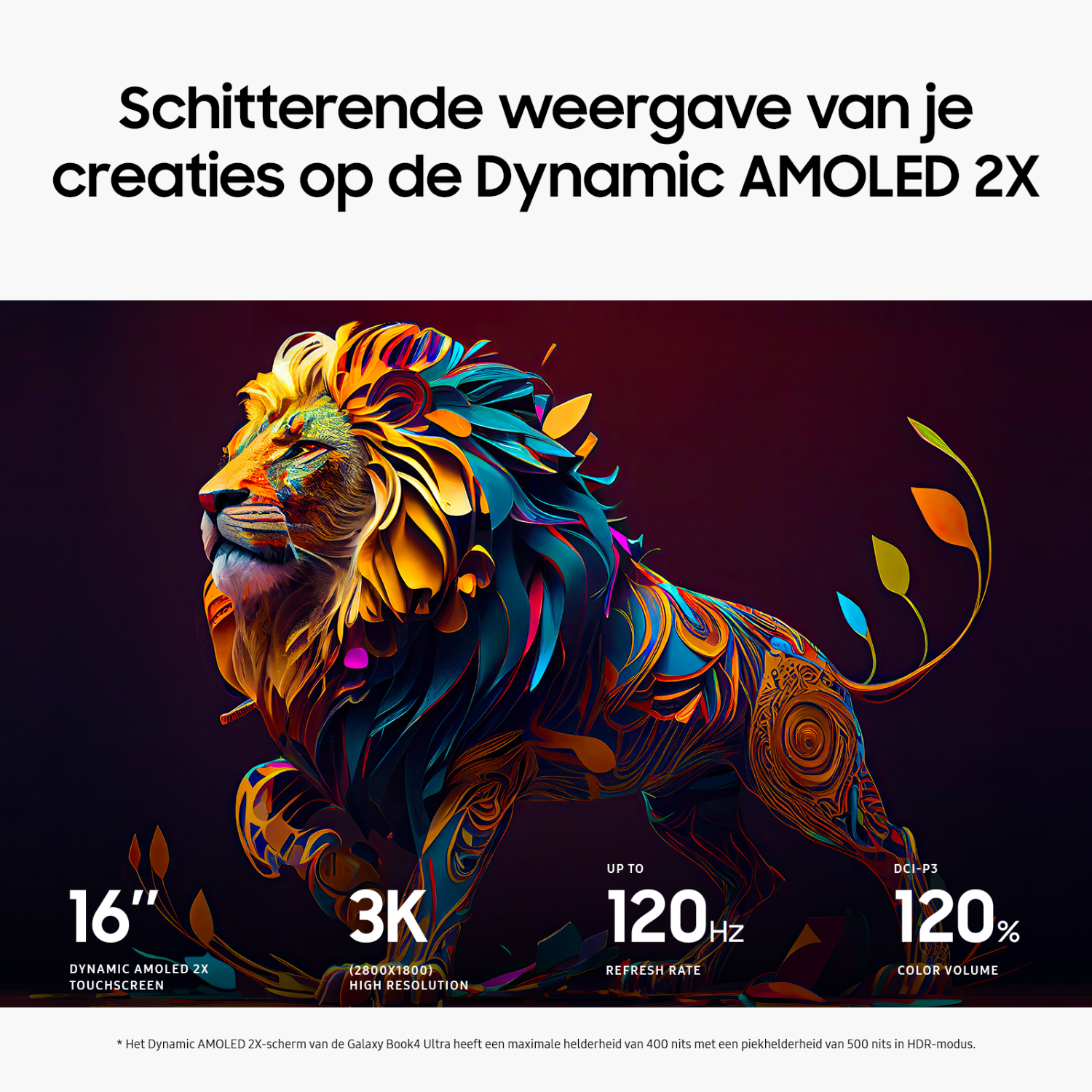A colorful lion illustration with text about screen features: 16", 3K resolution, 120Hz refresh rate, and color volume.