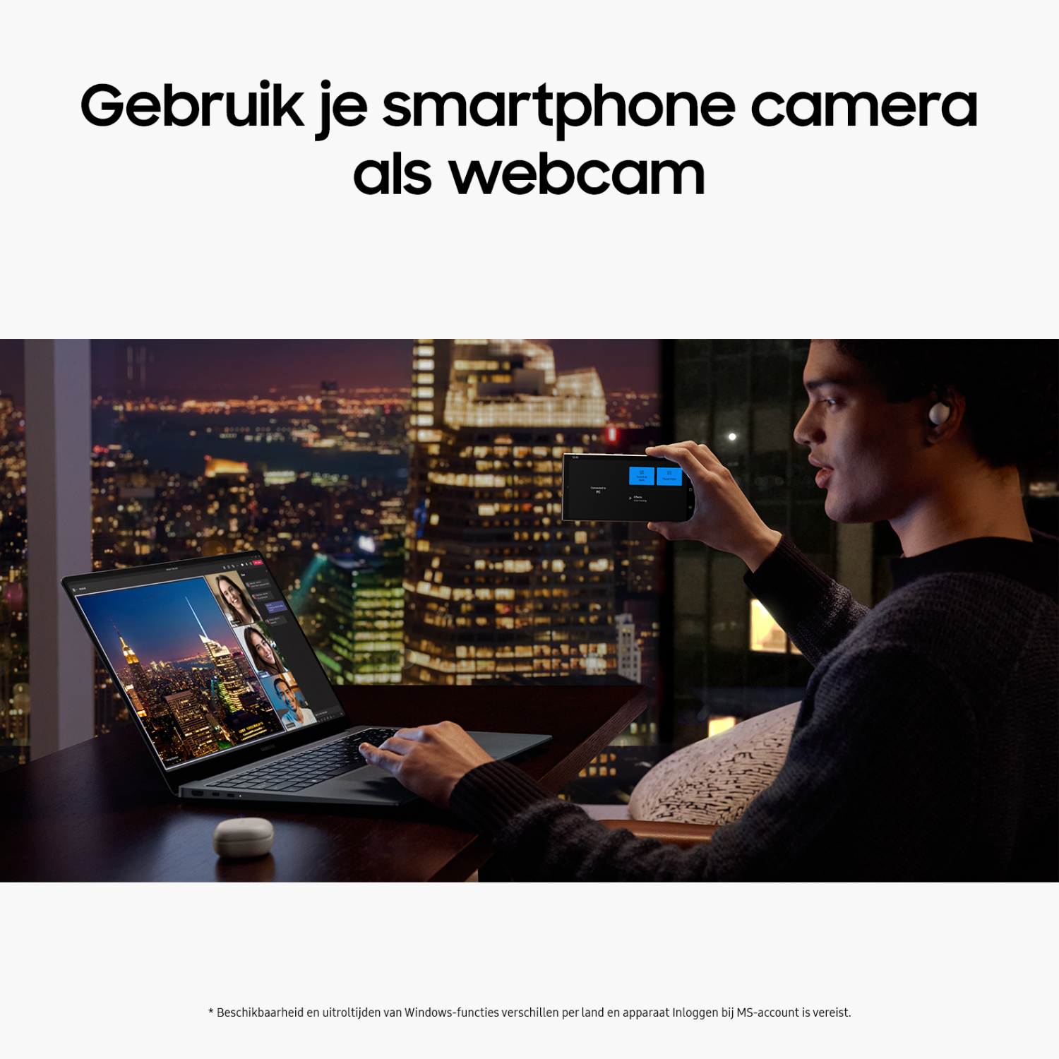 A person using a laptop as a webcam, with a smartphone in hand. A cityscape is in the background.