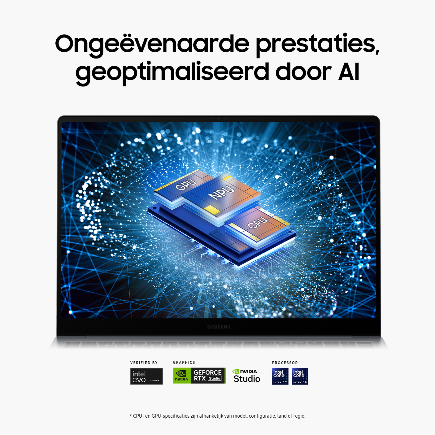 A laptop with a stylized graphic of a CPU and NPU chip. The laptop is open.