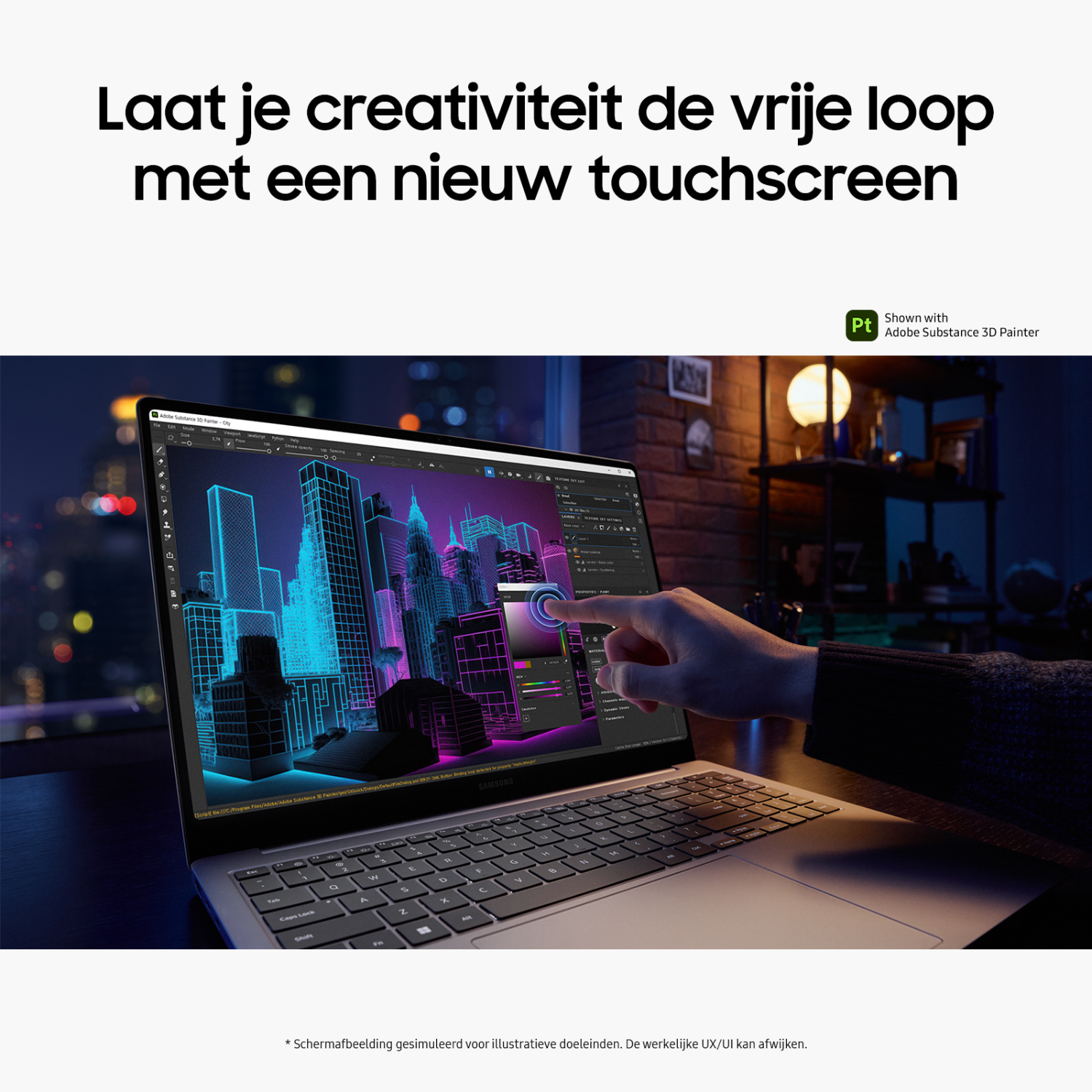 A person uses a laptop with a touchscreen, displaying a colorful graphic design on the screen.