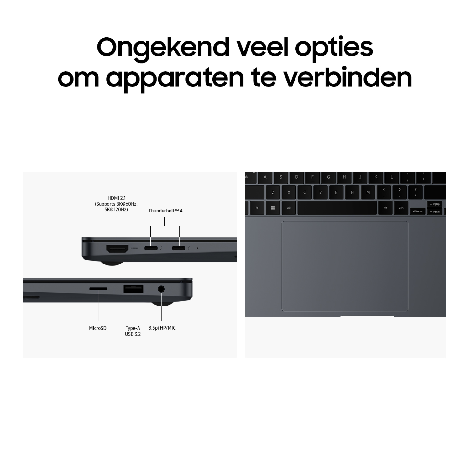 Close-up of a laptop's ports and keyboard, with text overlay: "Unrivaled options to connect devices".