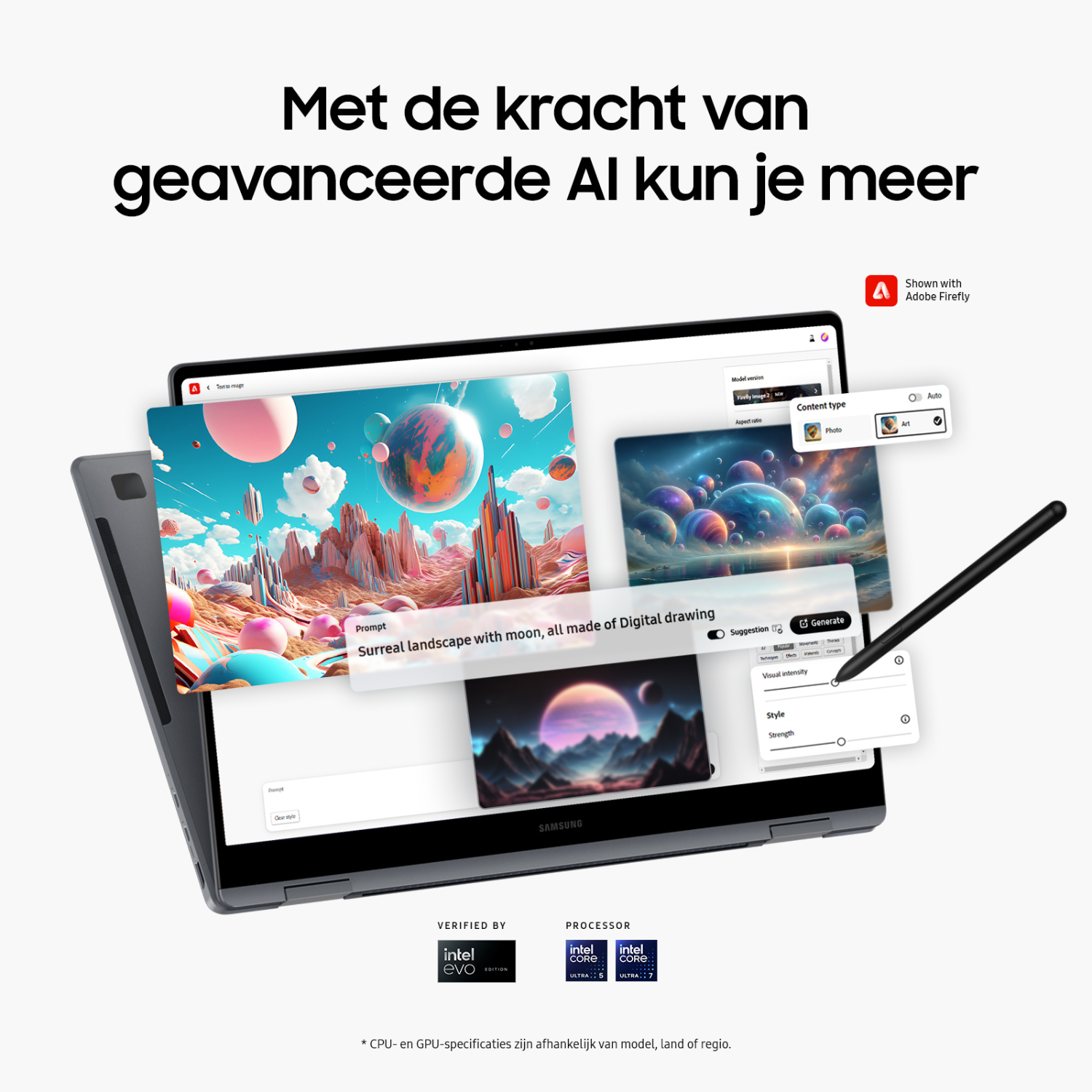 Een laptop toont een surrealistisch landschap met maan, gemaakt met AI. Een stylus zweeft boven het scherm, wat interactie suggereert.