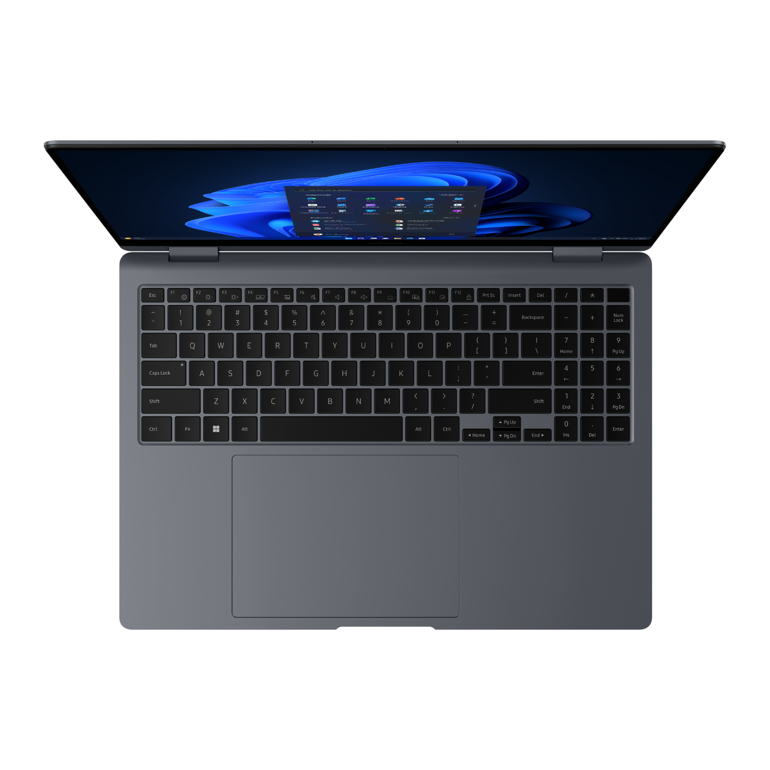 Een grijze laptop op een zwart oppervlak, het scherm staat open en toont een blauwe interface.