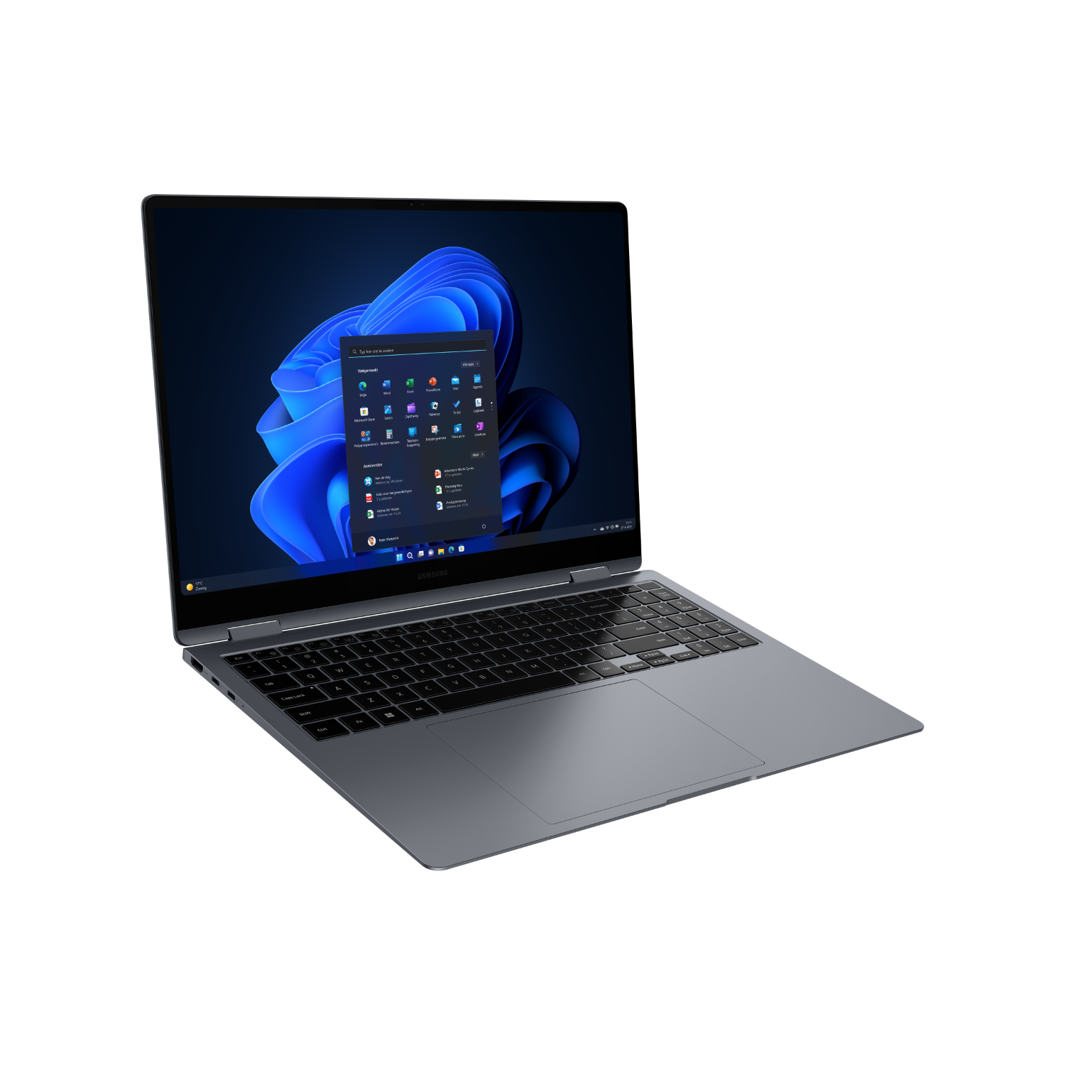 Een gesloten grijze laptop met een zwart toetsenbord en een Windows-interface op het scherm.