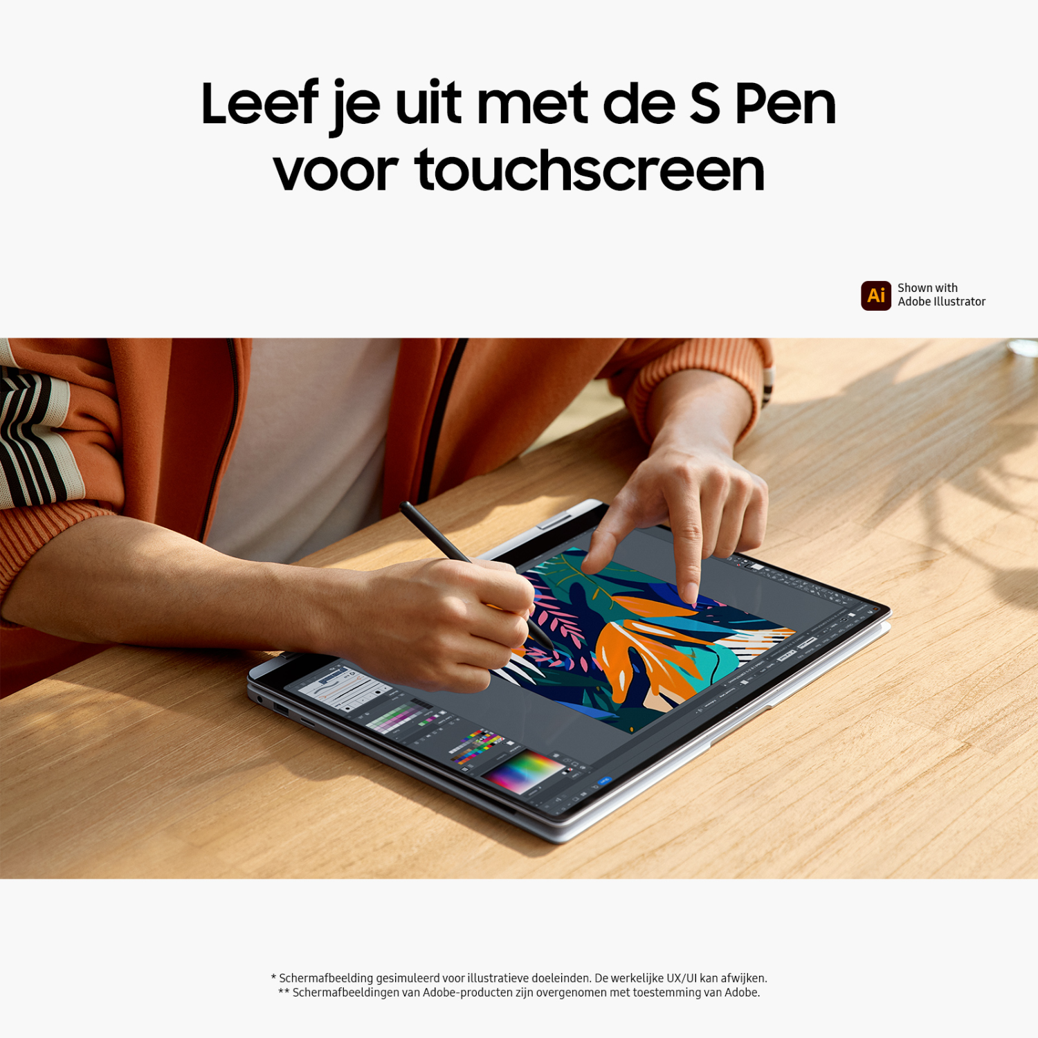 Persoon die een stylus gebruikt op een tablet met een houten tafel achtergrond.