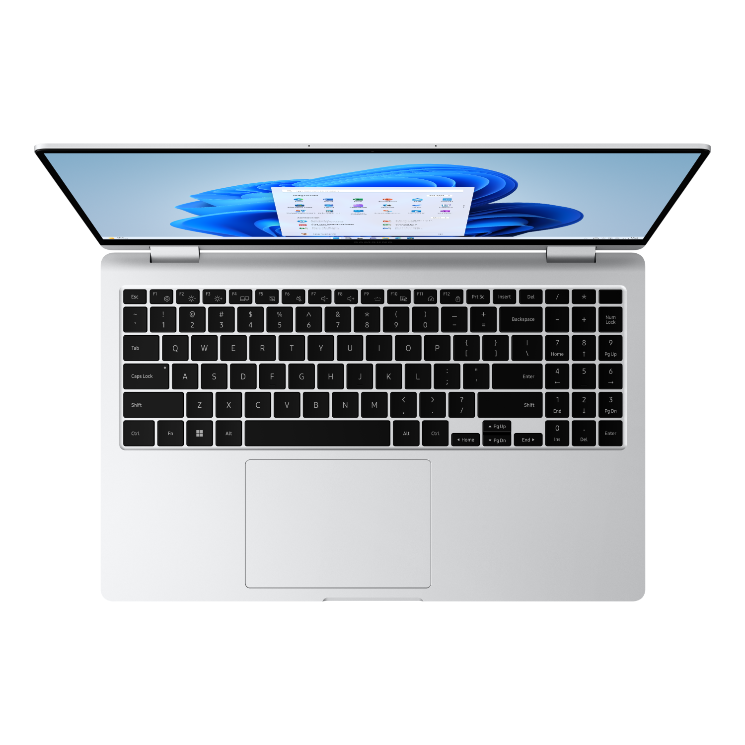 Een opengeklapte laptop op een zwart oppervlak, met toetsenbord en scherm met Windows-interface.